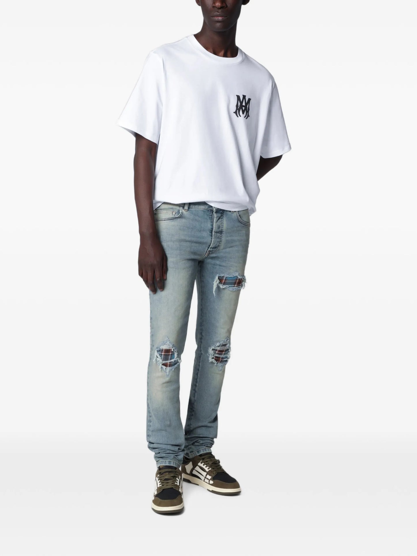 distressed-effect patched jeans