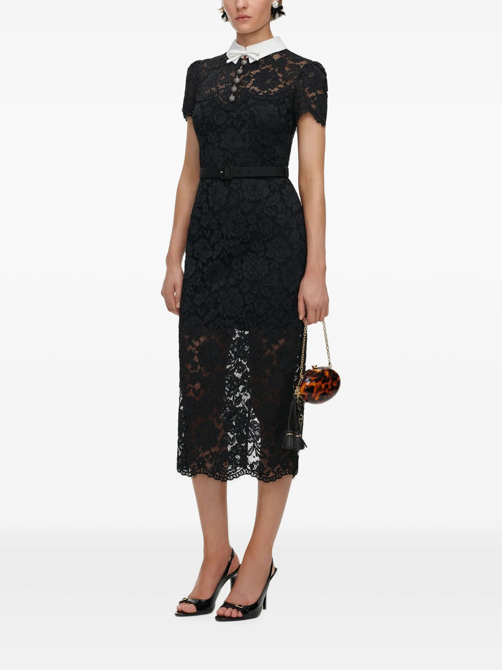 black lace contrast collar midi dress