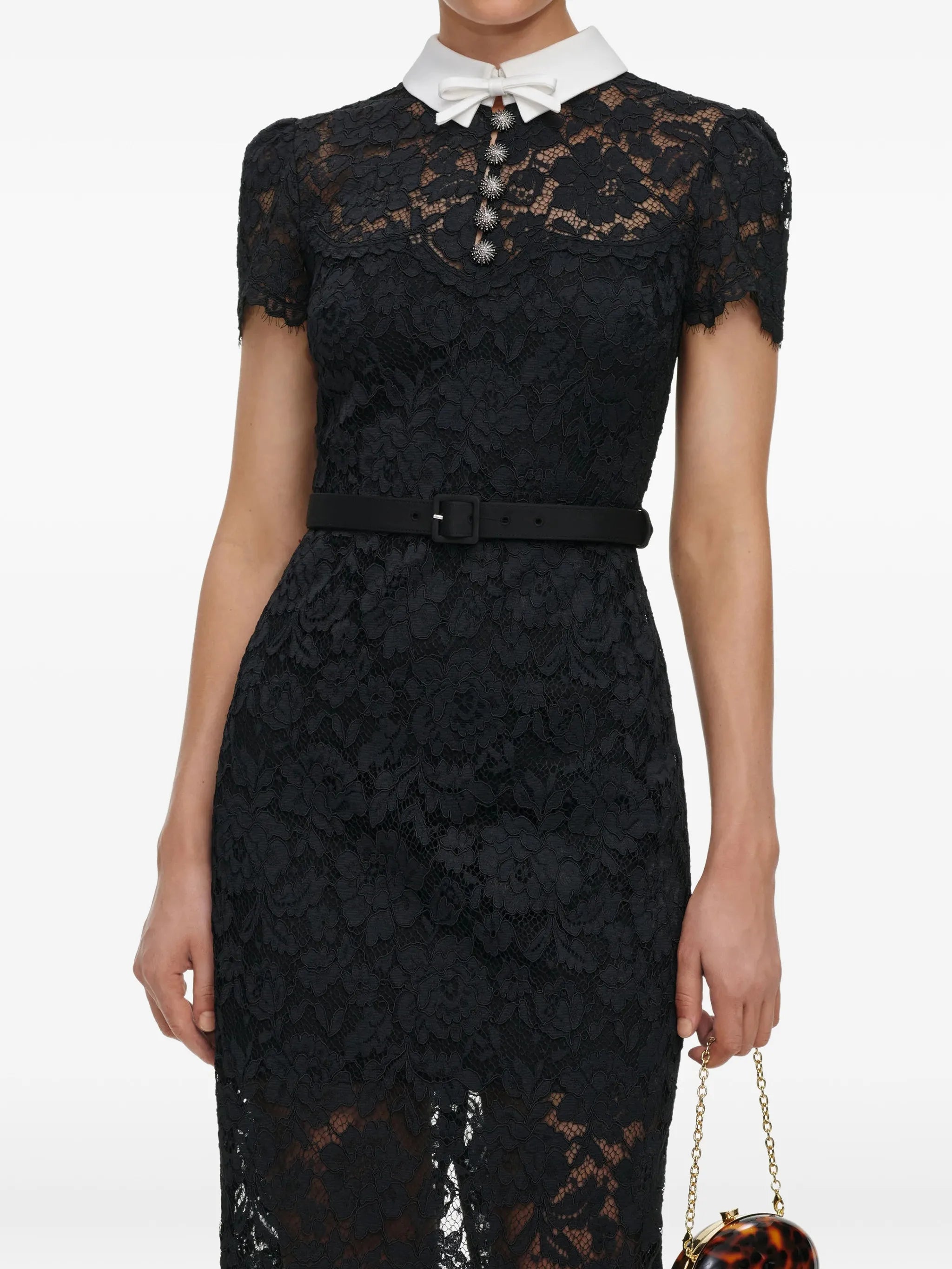 black lace contrast collar midi dress