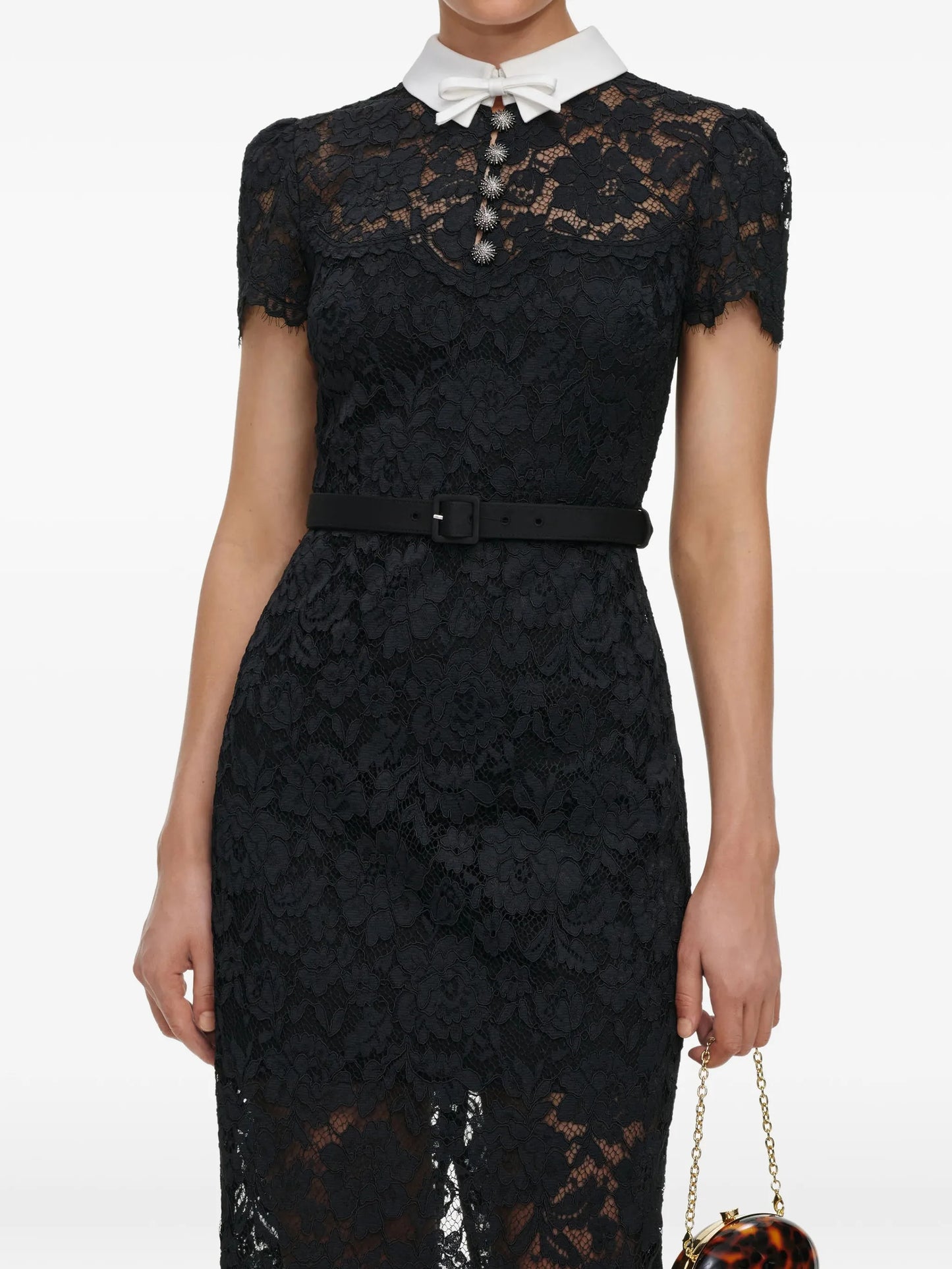 black lace contrast collar midi dress