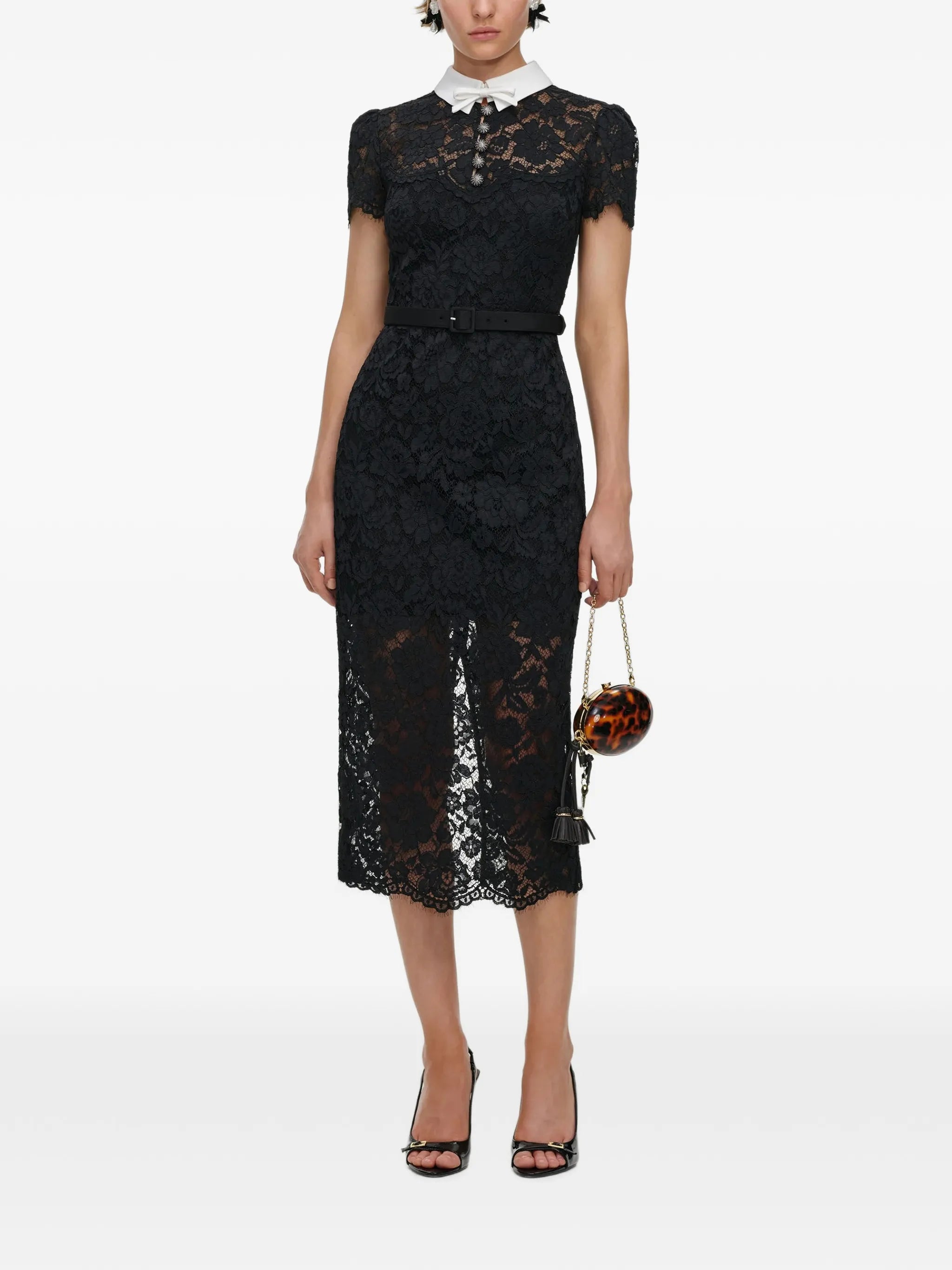 black lace contrast collar midi dress