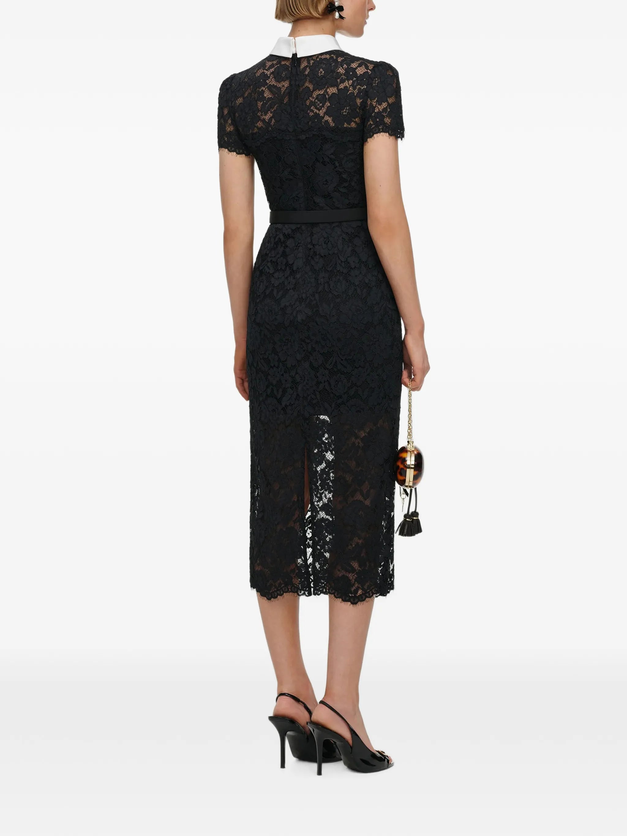 black lace contrast collar midi dress