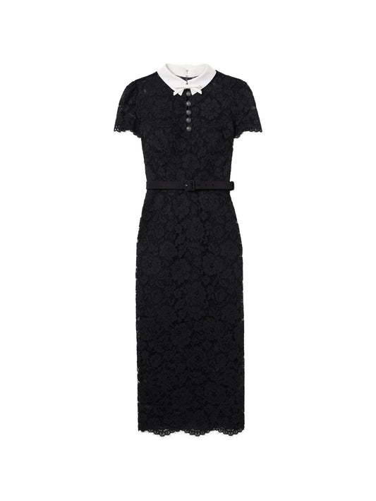 black lace contrast-collar midi dress