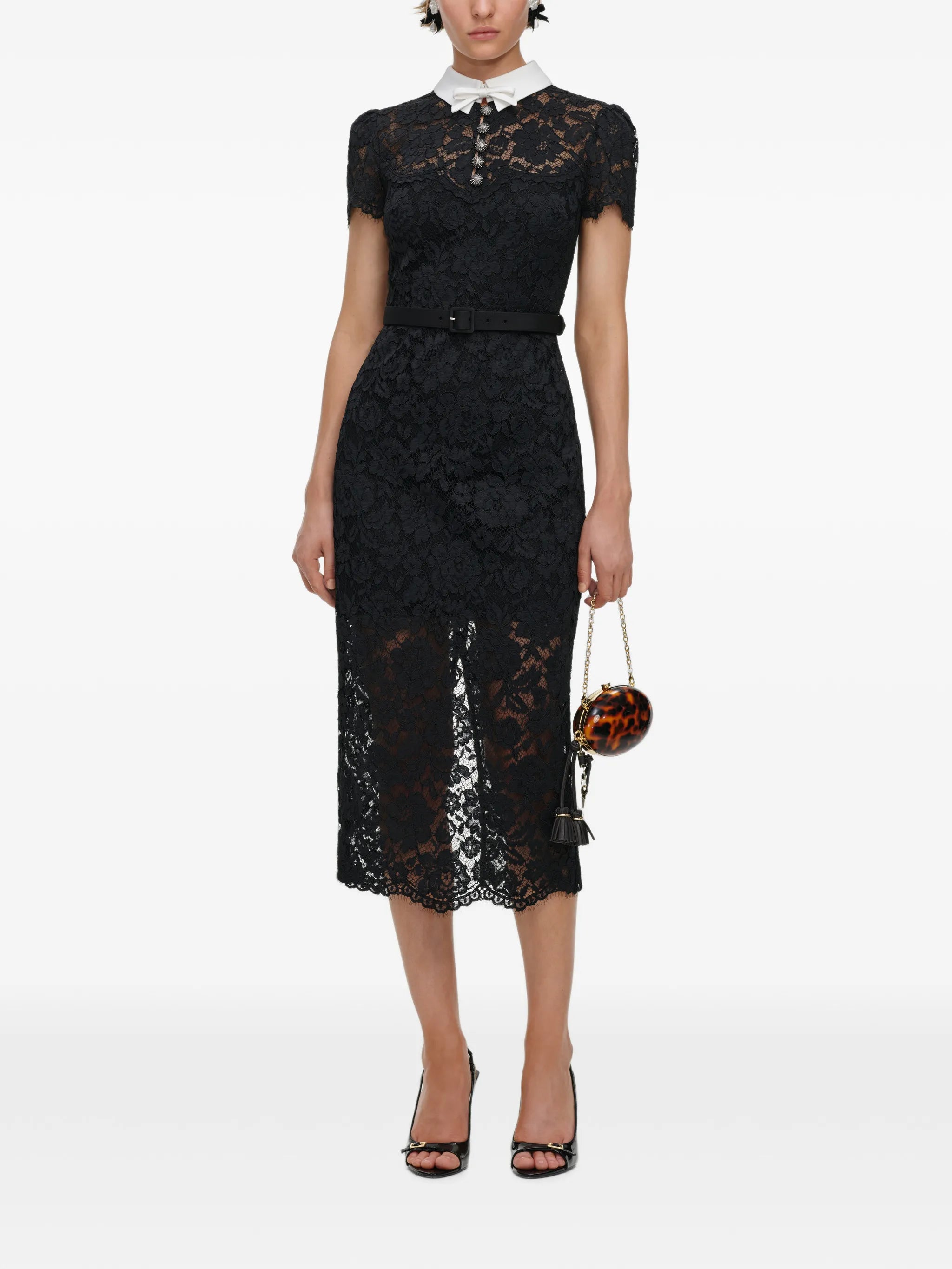 black lace contrast-collar midi dress
