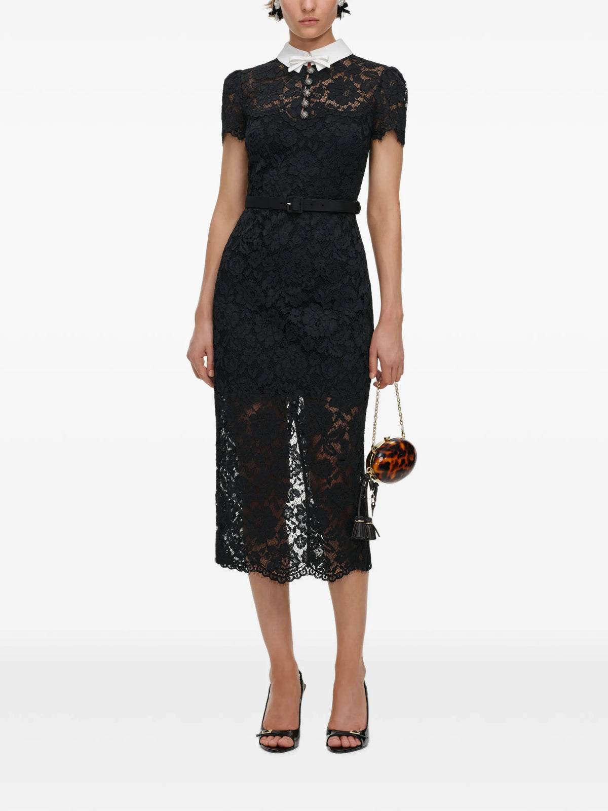 black lace contrast-collar midi dress