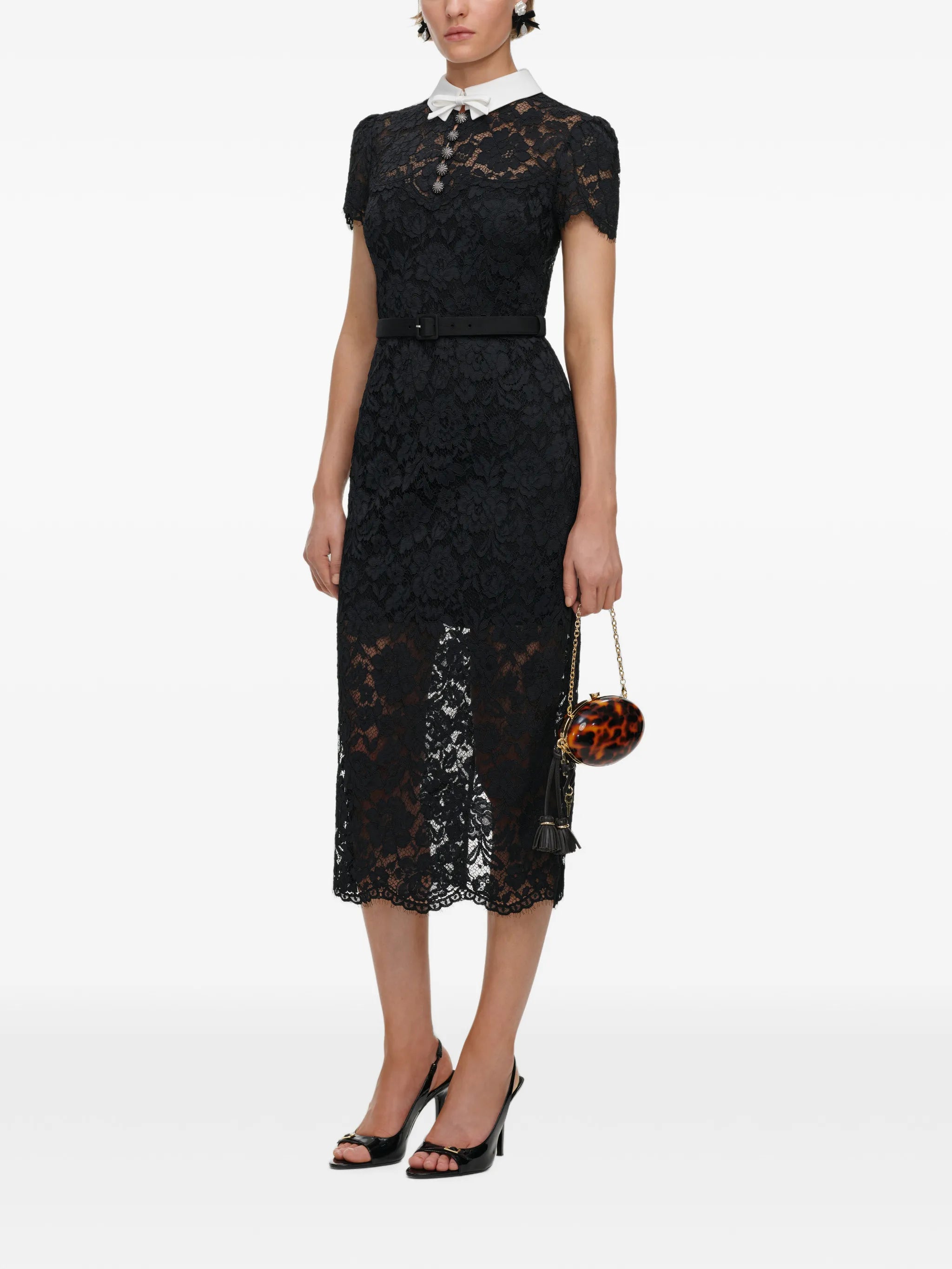 black lace contrast-collar midi dress