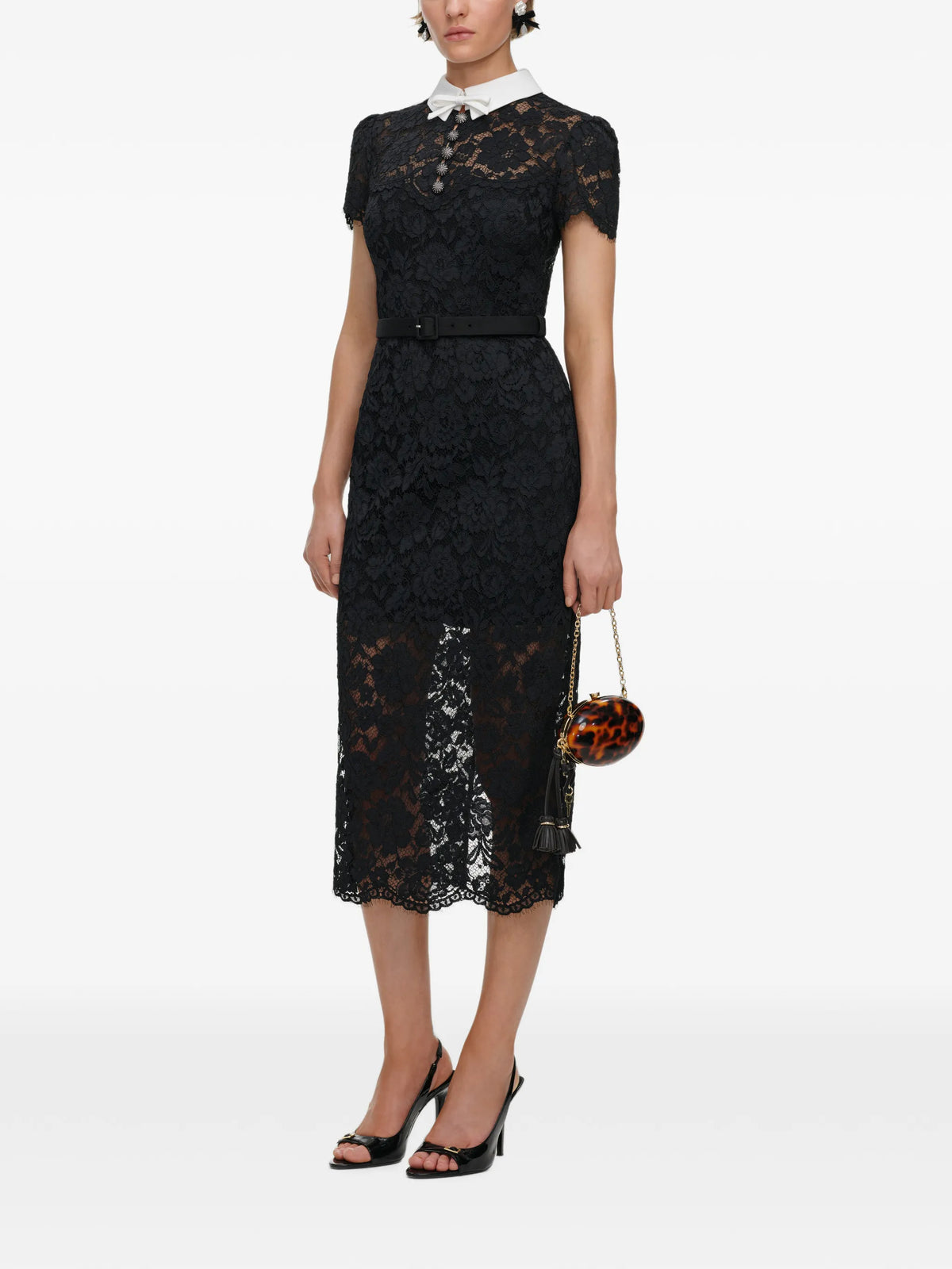 black lace contrast-collar midi dress