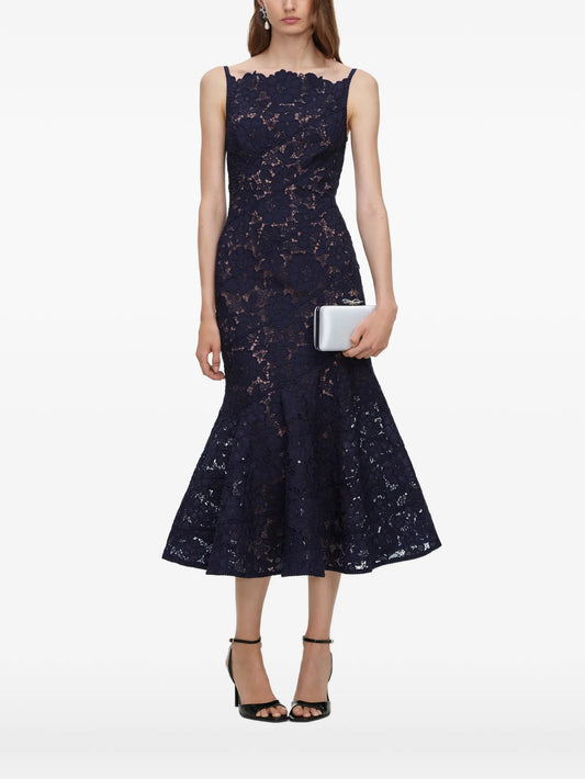 navy spiral lace midi dress