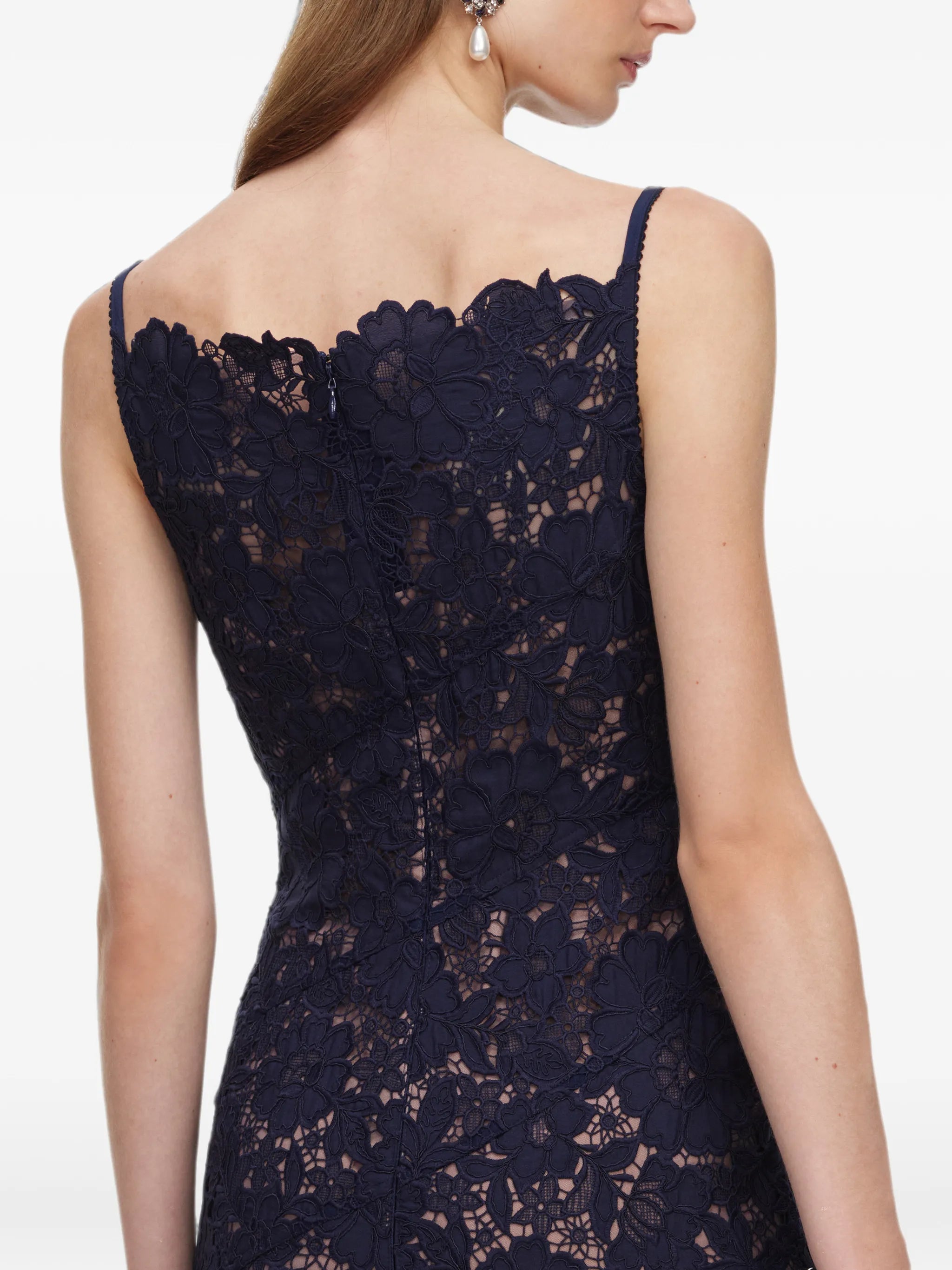 navy spiral lace midi dress