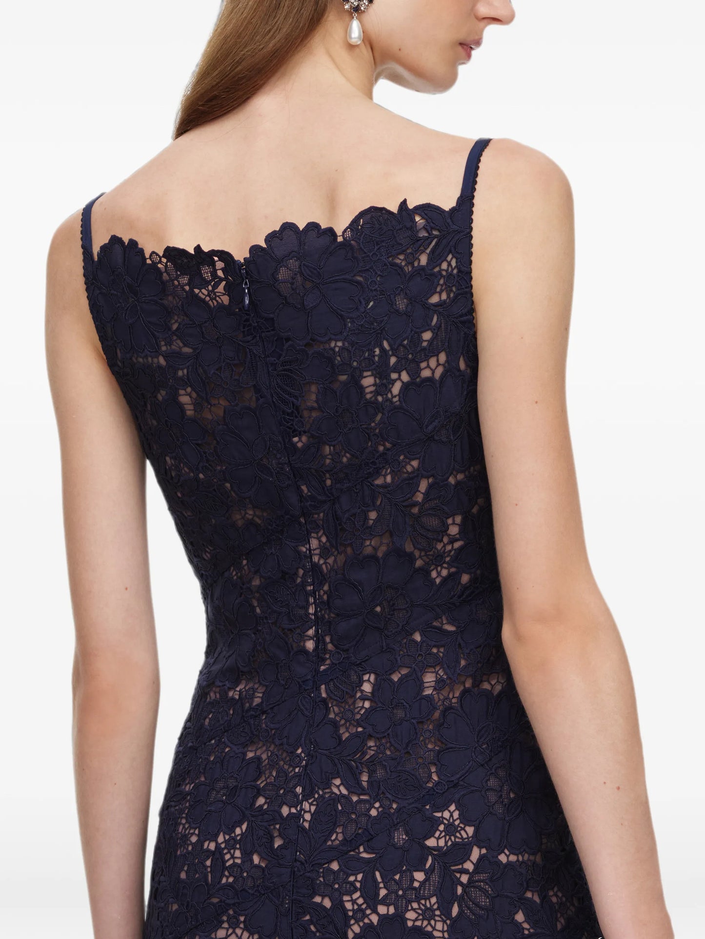 navy spiral lace midi dress