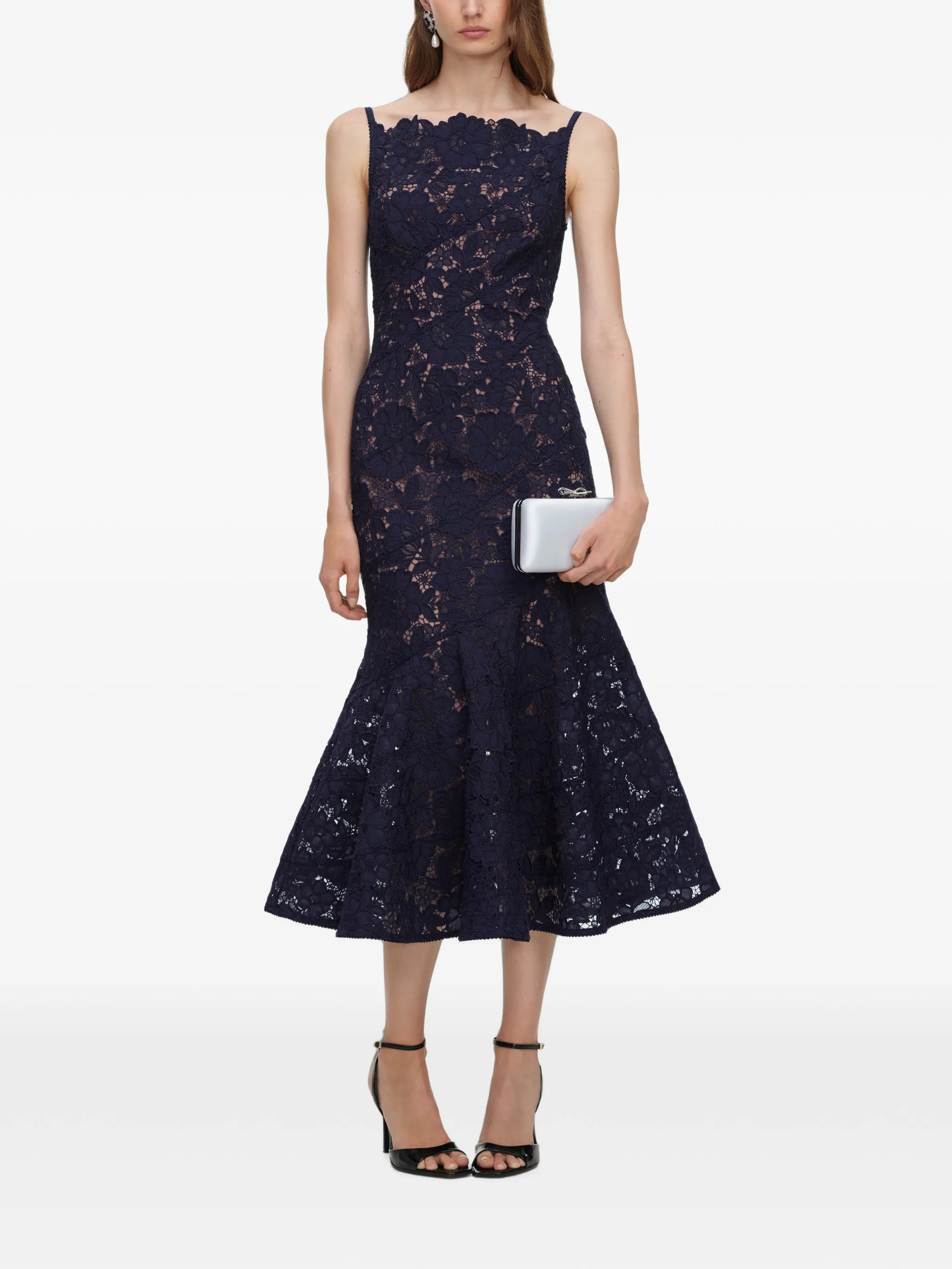 navy spiral lace midi dress