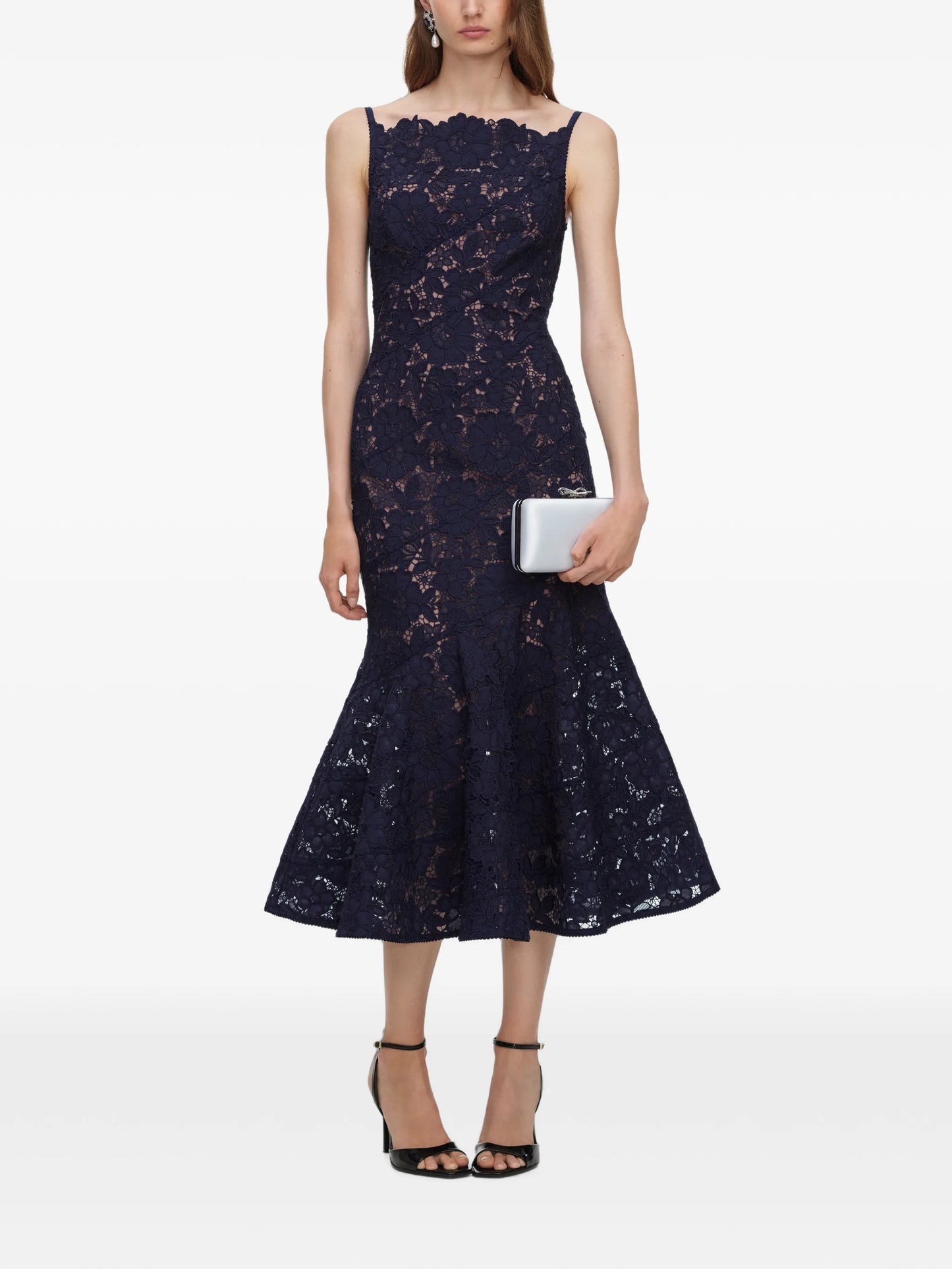 navy spiral lace midi dress
