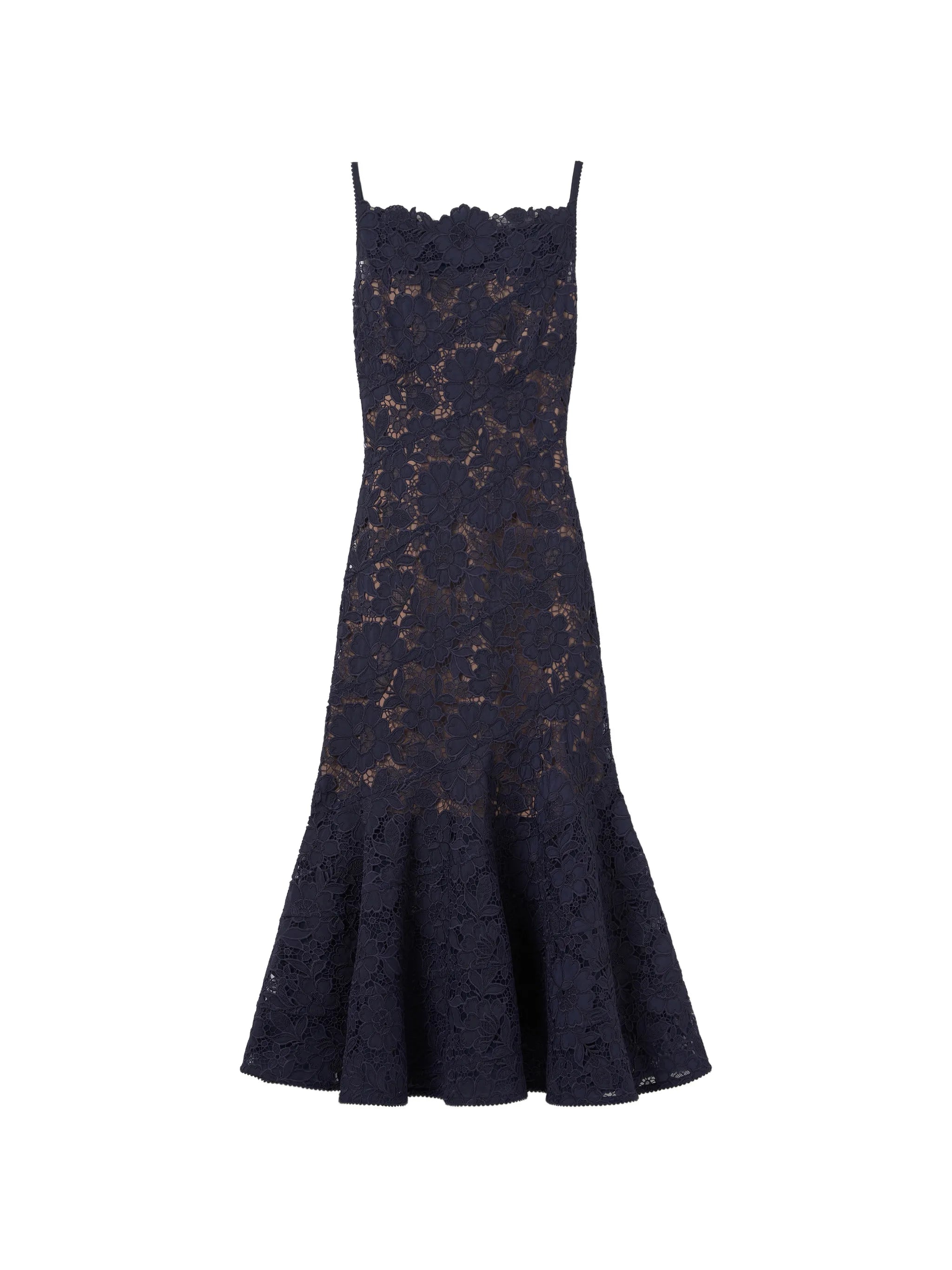 navy spiral lace midi dress