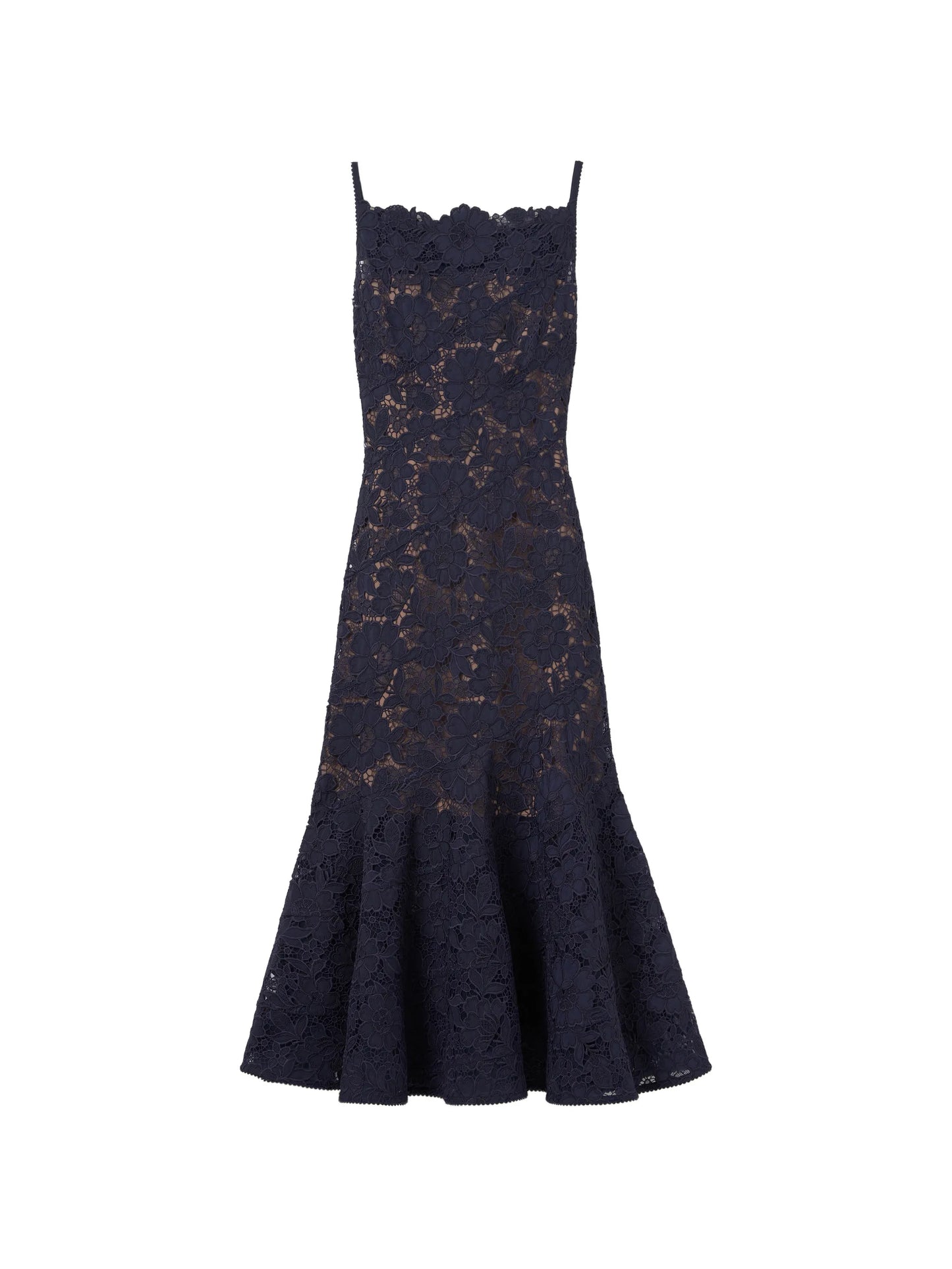 navy spiral lace midi dress