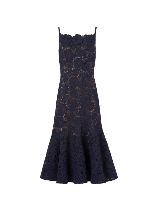 navy spiral lace midi dress