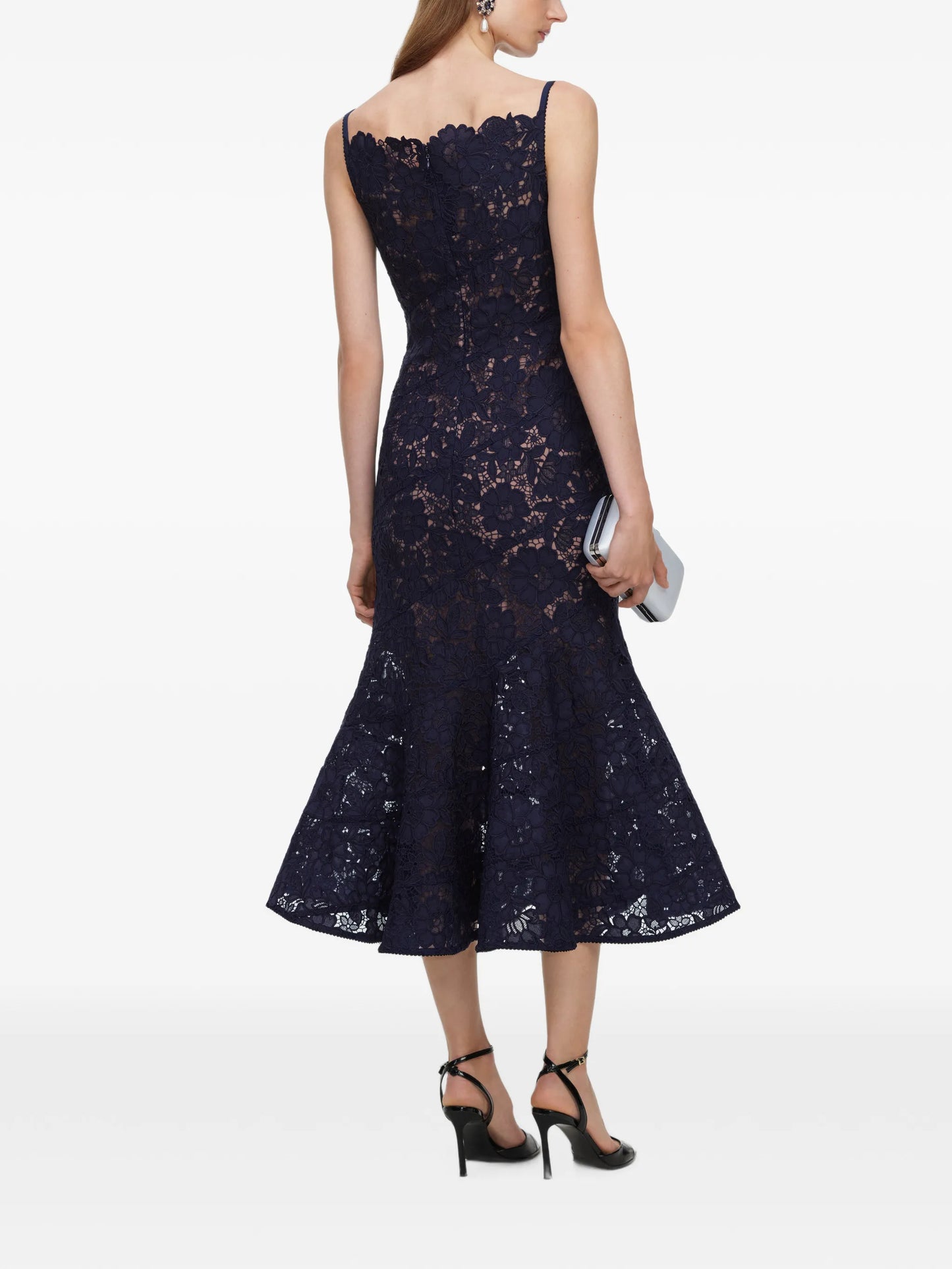 navy spiral lace midi dress