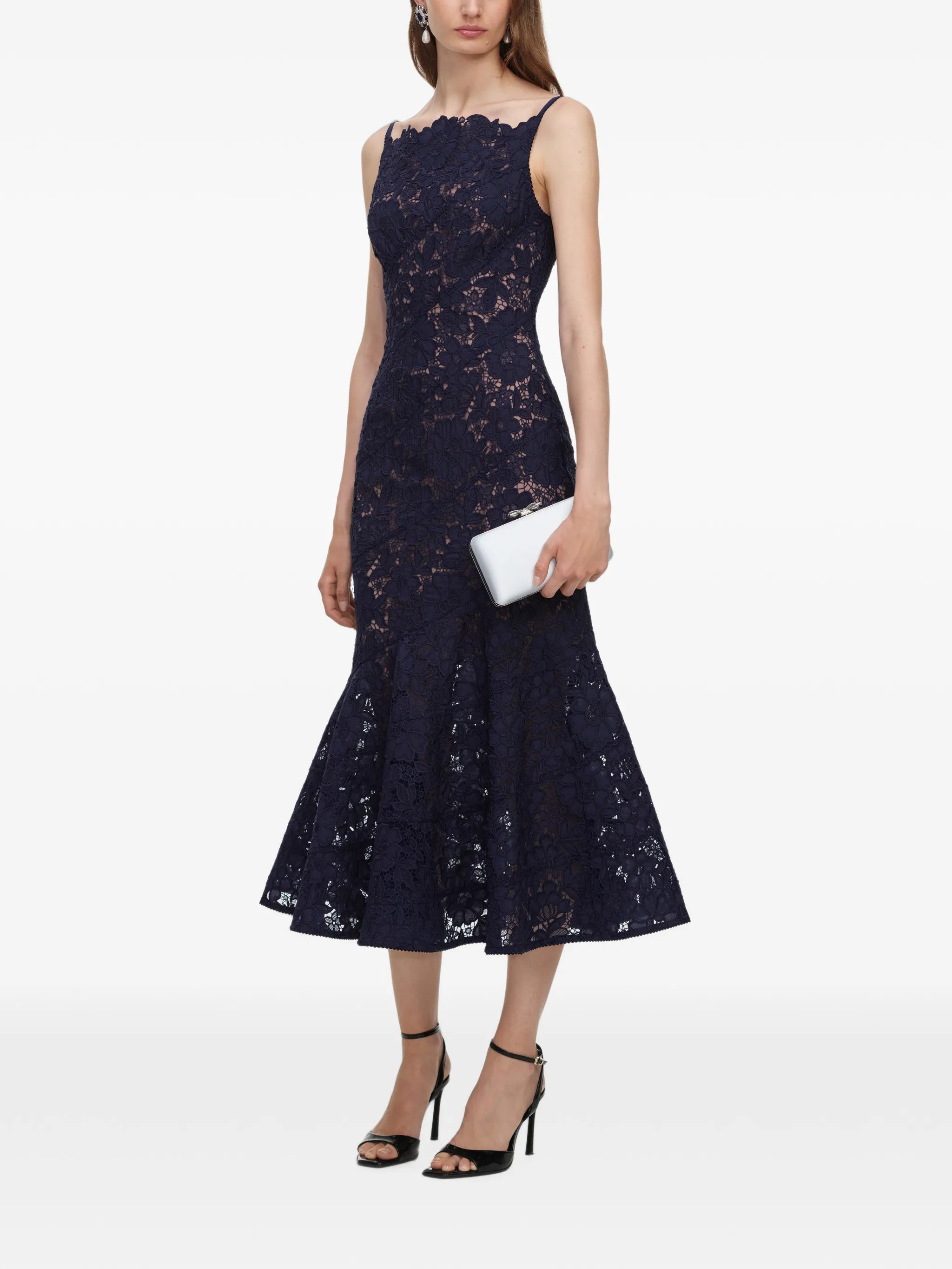 navy spiral lace midi dress
