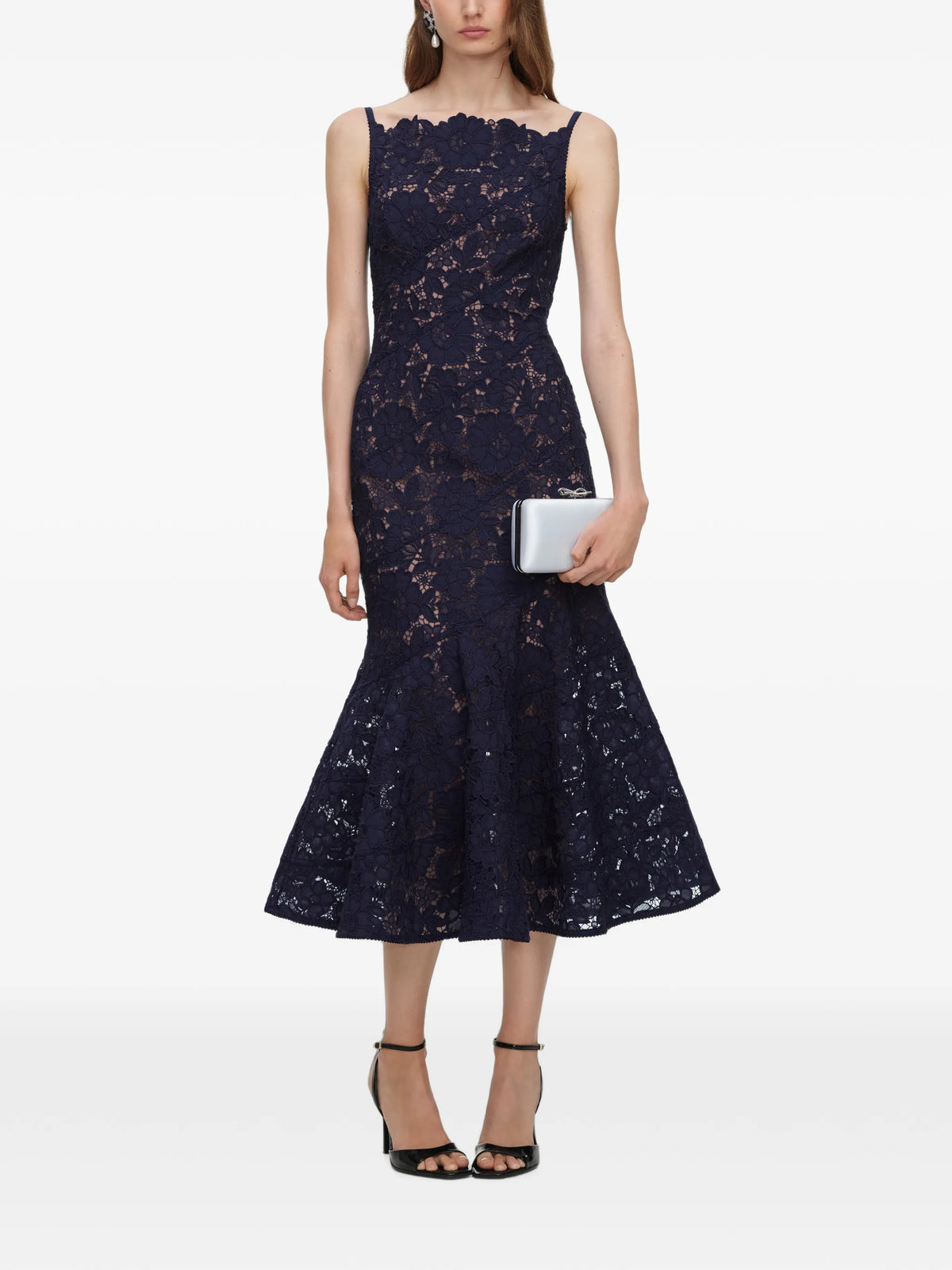 navy spiral lace midi dress