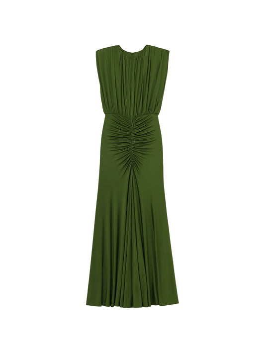 olive jersey gathered maxi dress