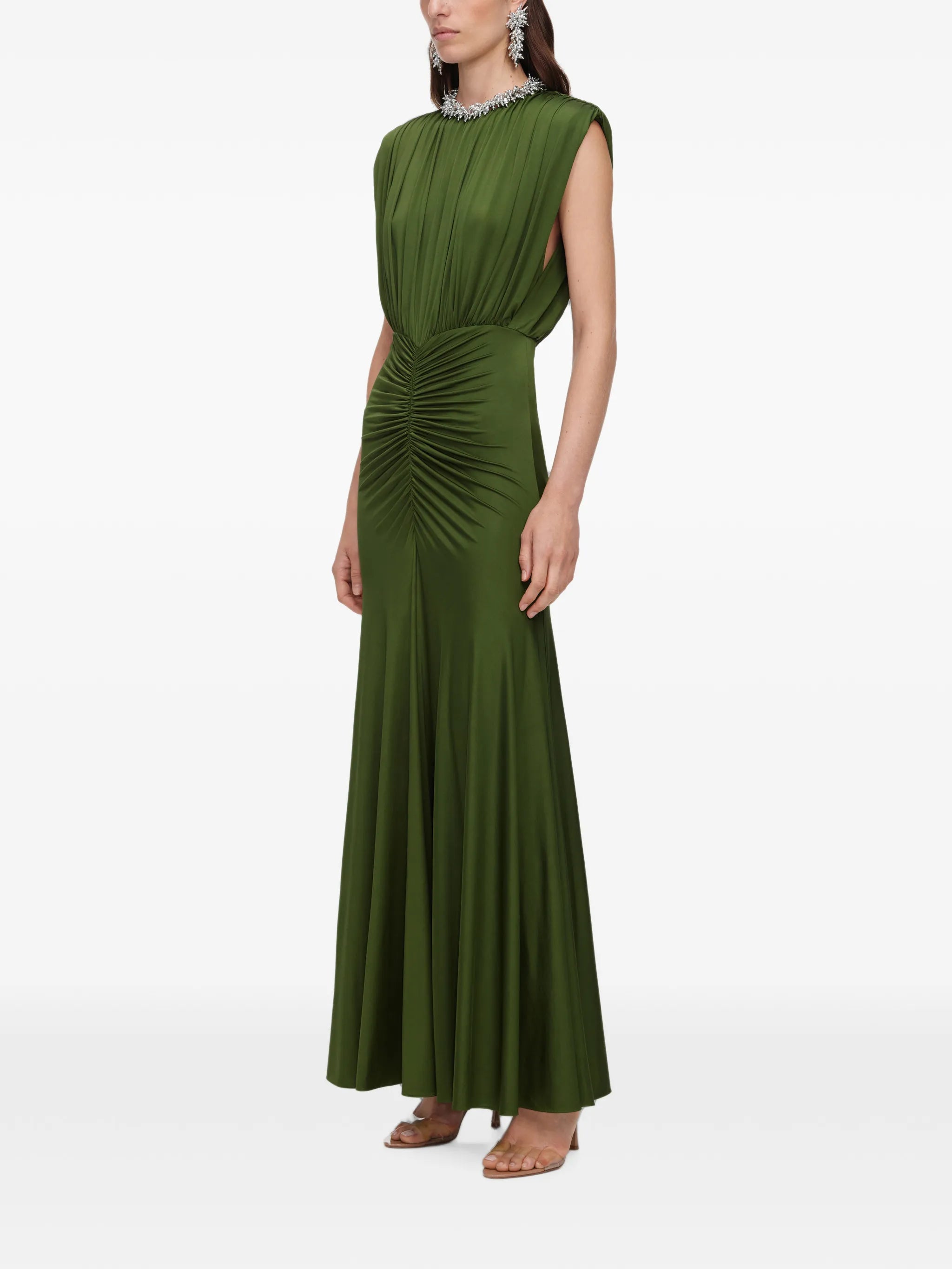 olive jersey gathered maxi dress