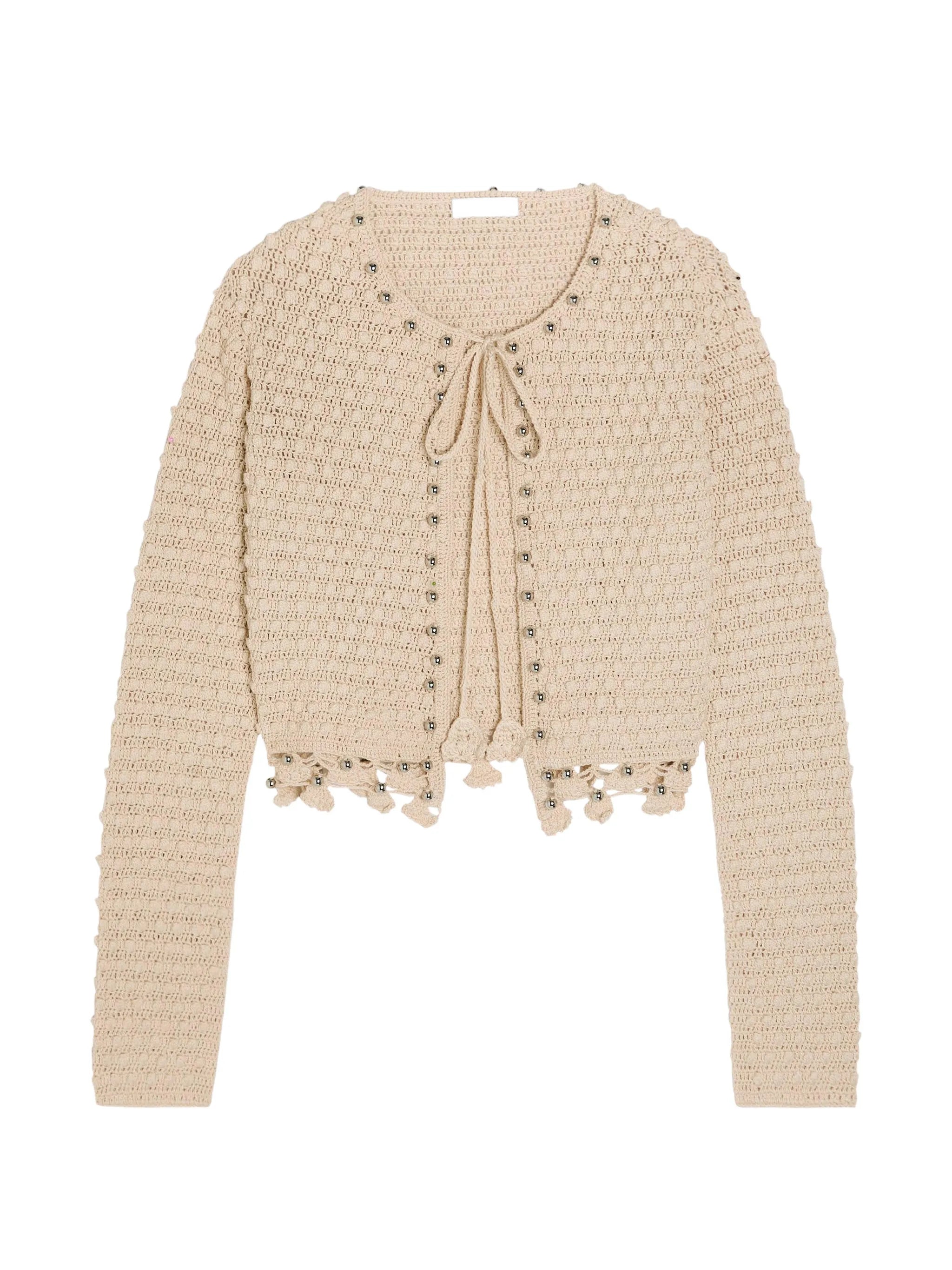 bead-embellished crochet cardigan