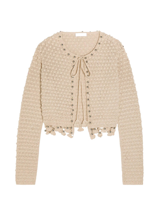 bead-embellished crochet cardigan