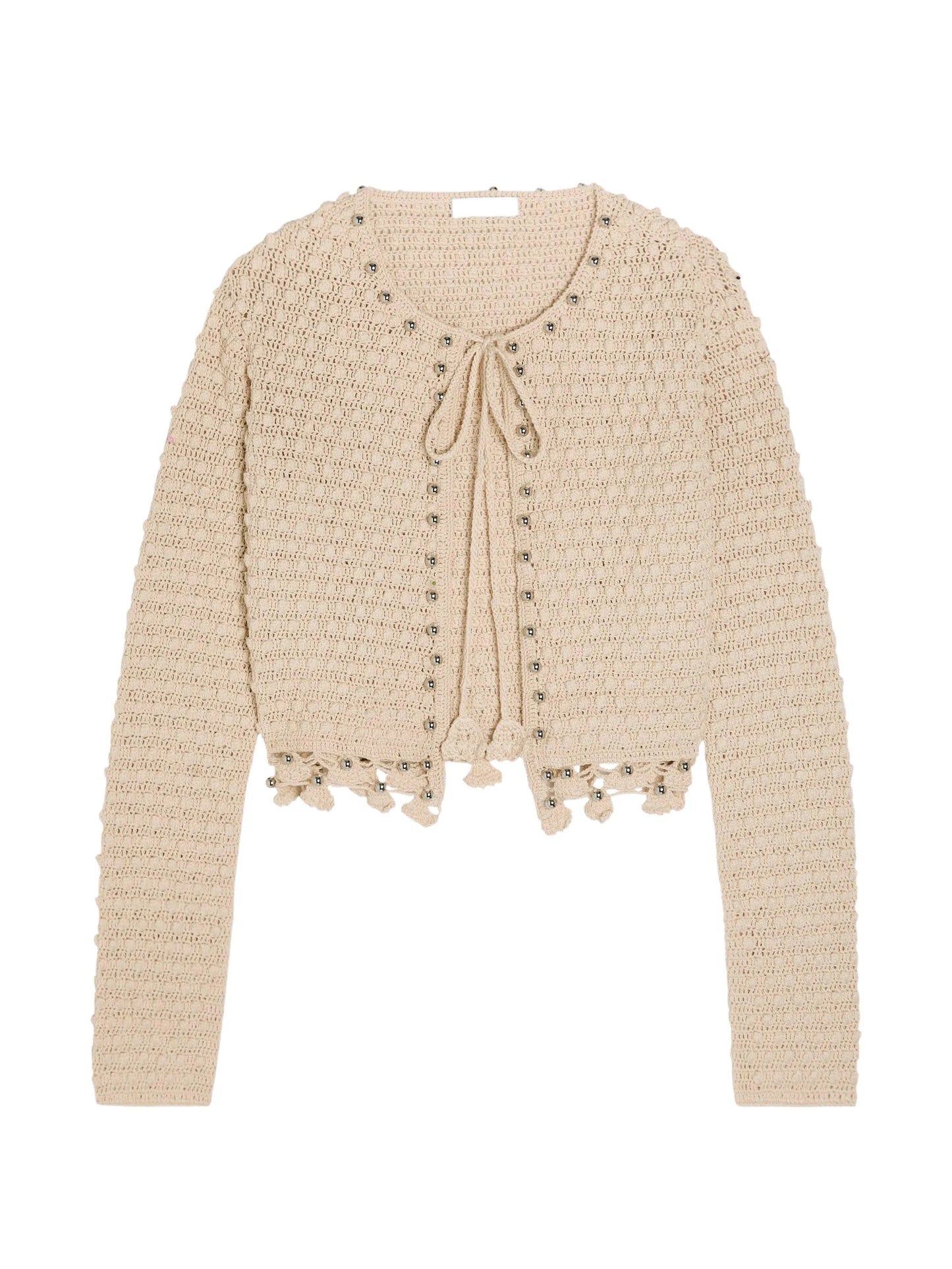 bead-embellished crochet cardigan
