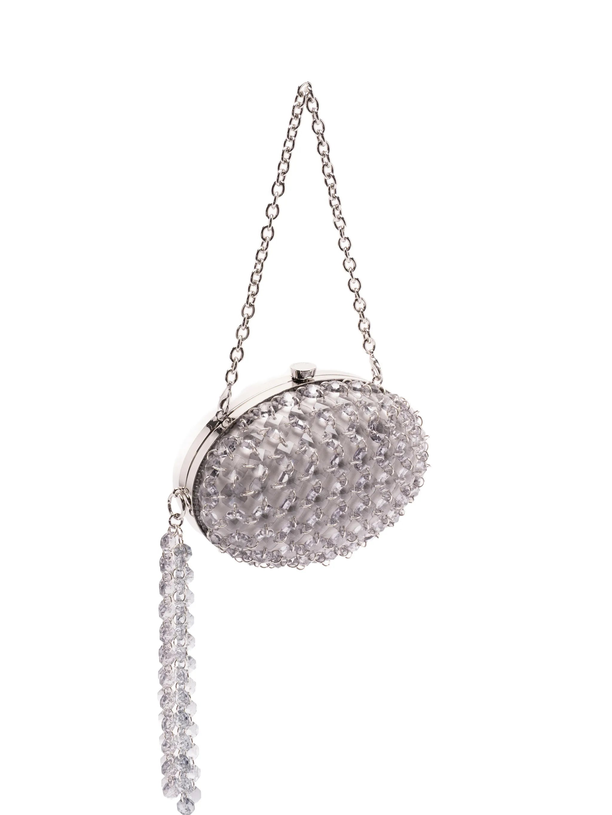 Oval crystal-chain clutch bag