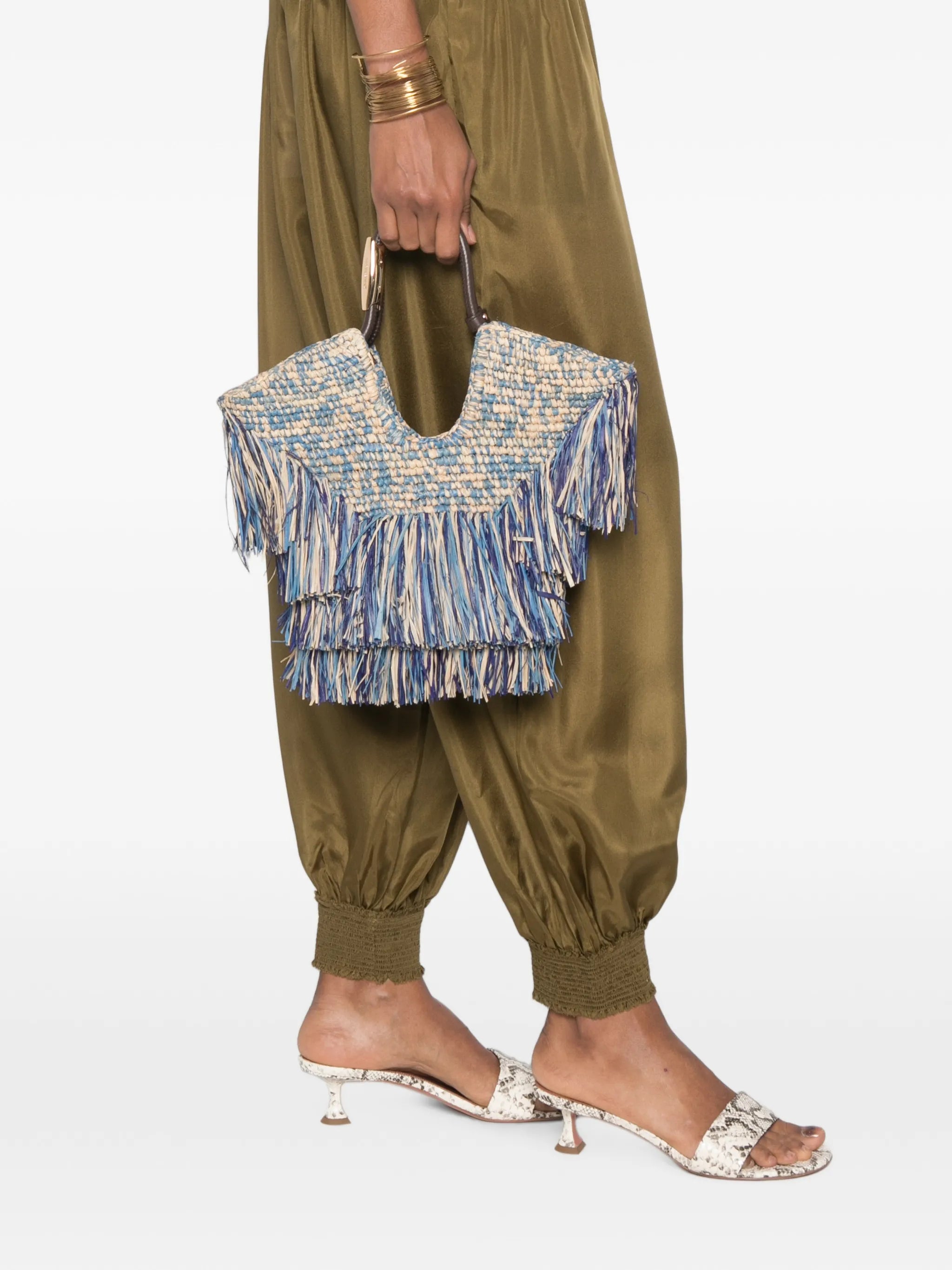 fringe-trimmed woven tote bag