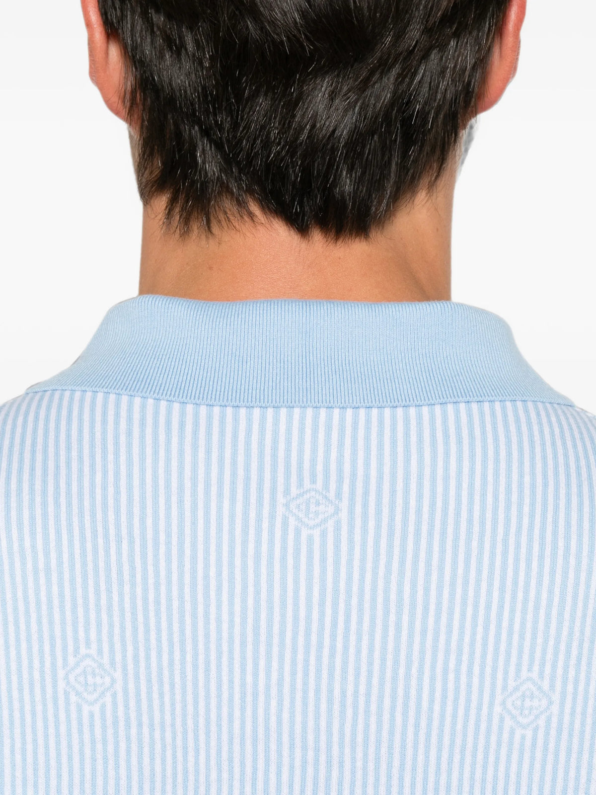 light blue pinstripe short sleeve knit polo shirt