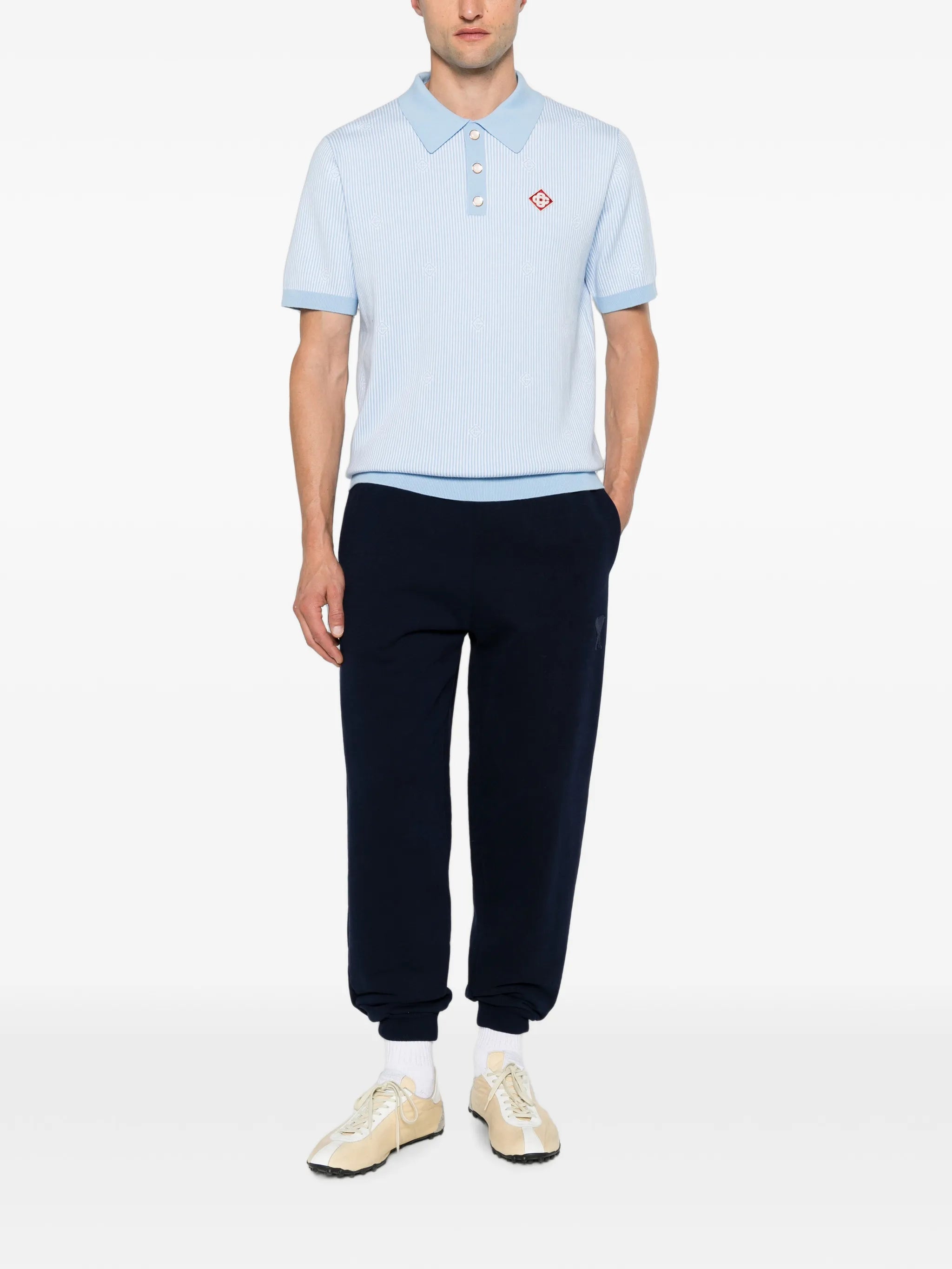 light blue pinstripe short sleeve knit polo shirt