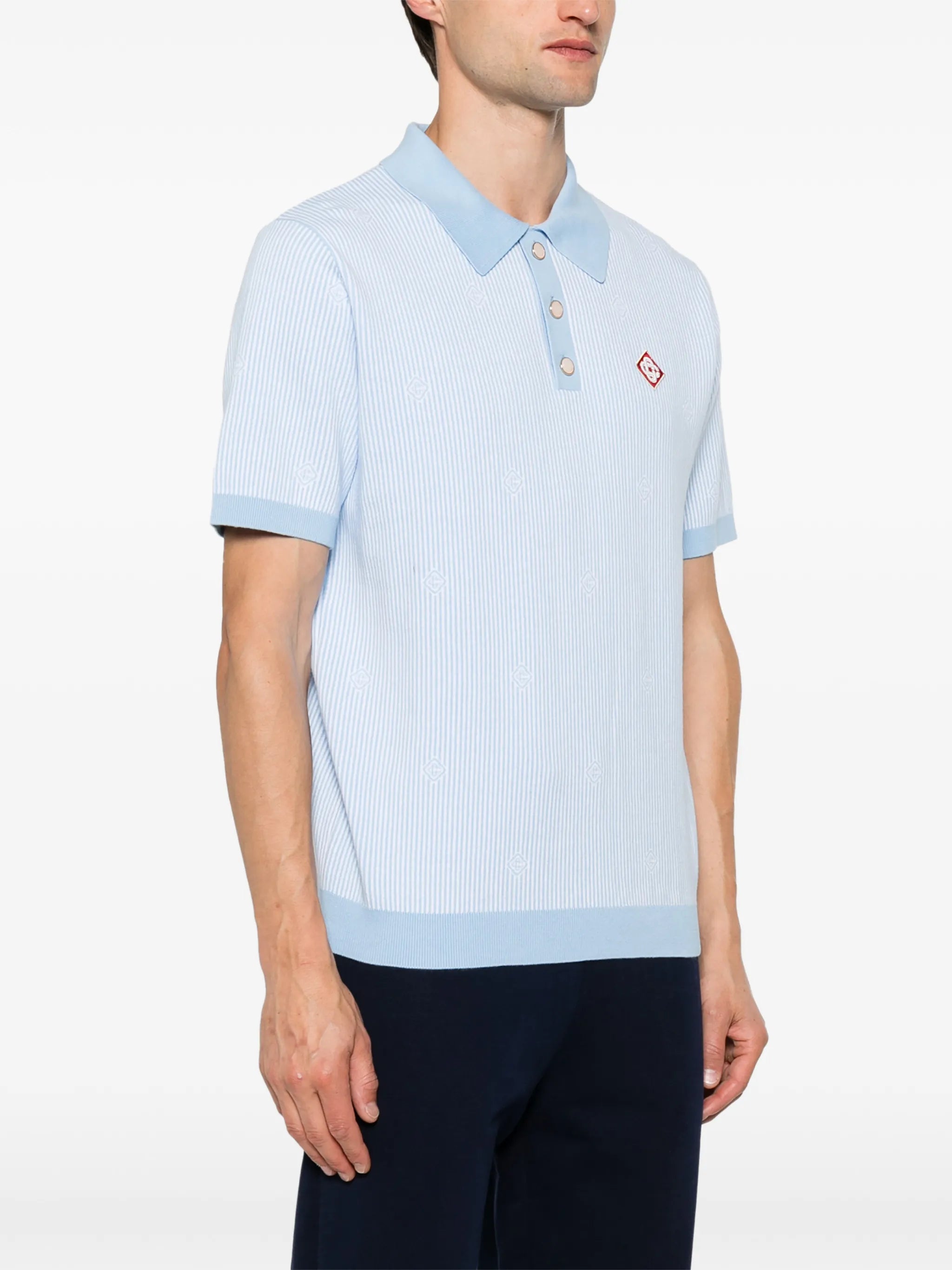 light blue pinstripe short sleeve knit polo shirt