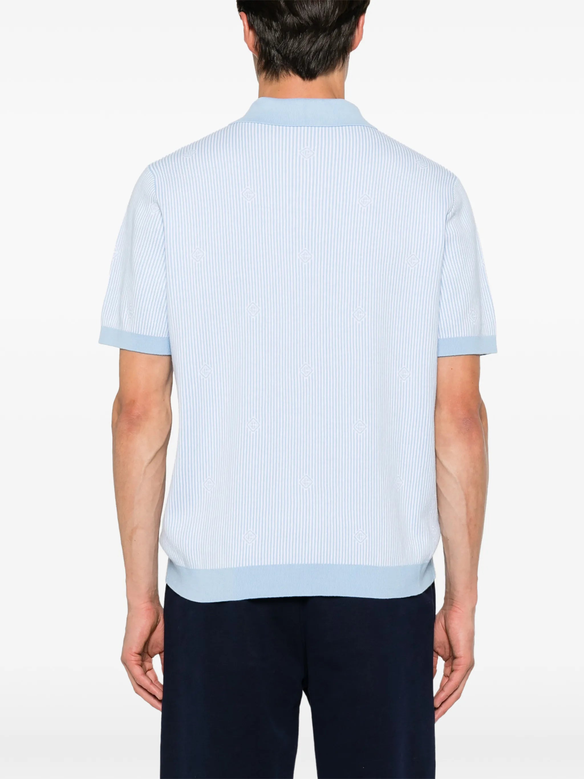 light blue pinstripe short sleeve knit polo shirt