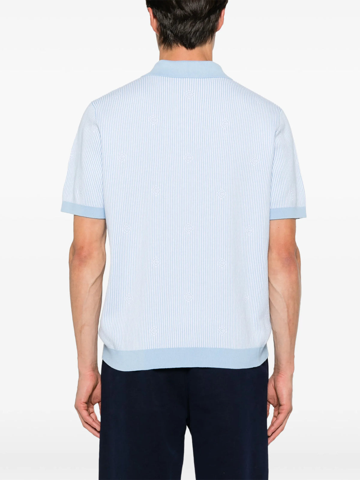 light blue pinstripe short sleeve knit polo shirt