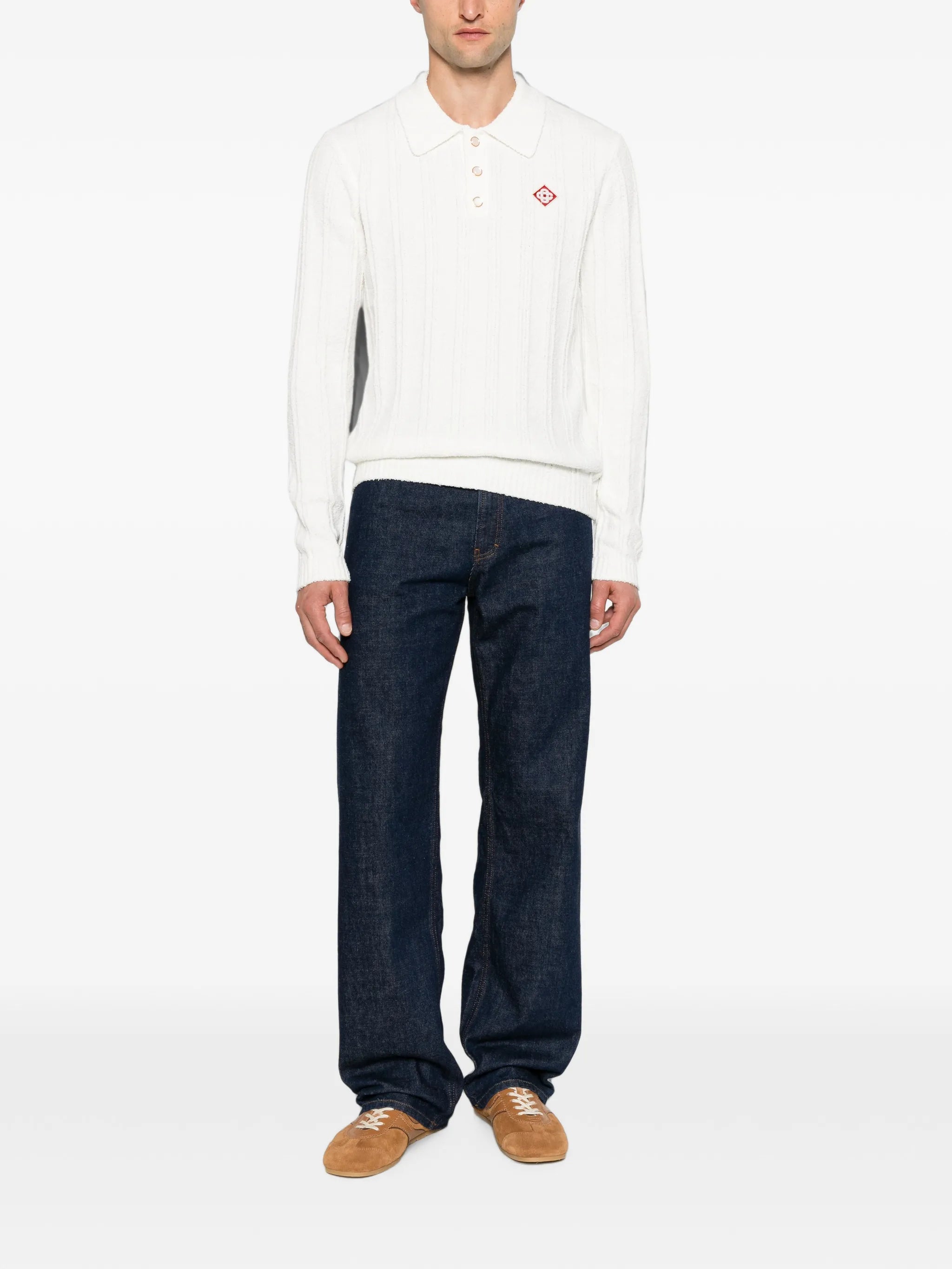 white boucle long sleeve polo shirt