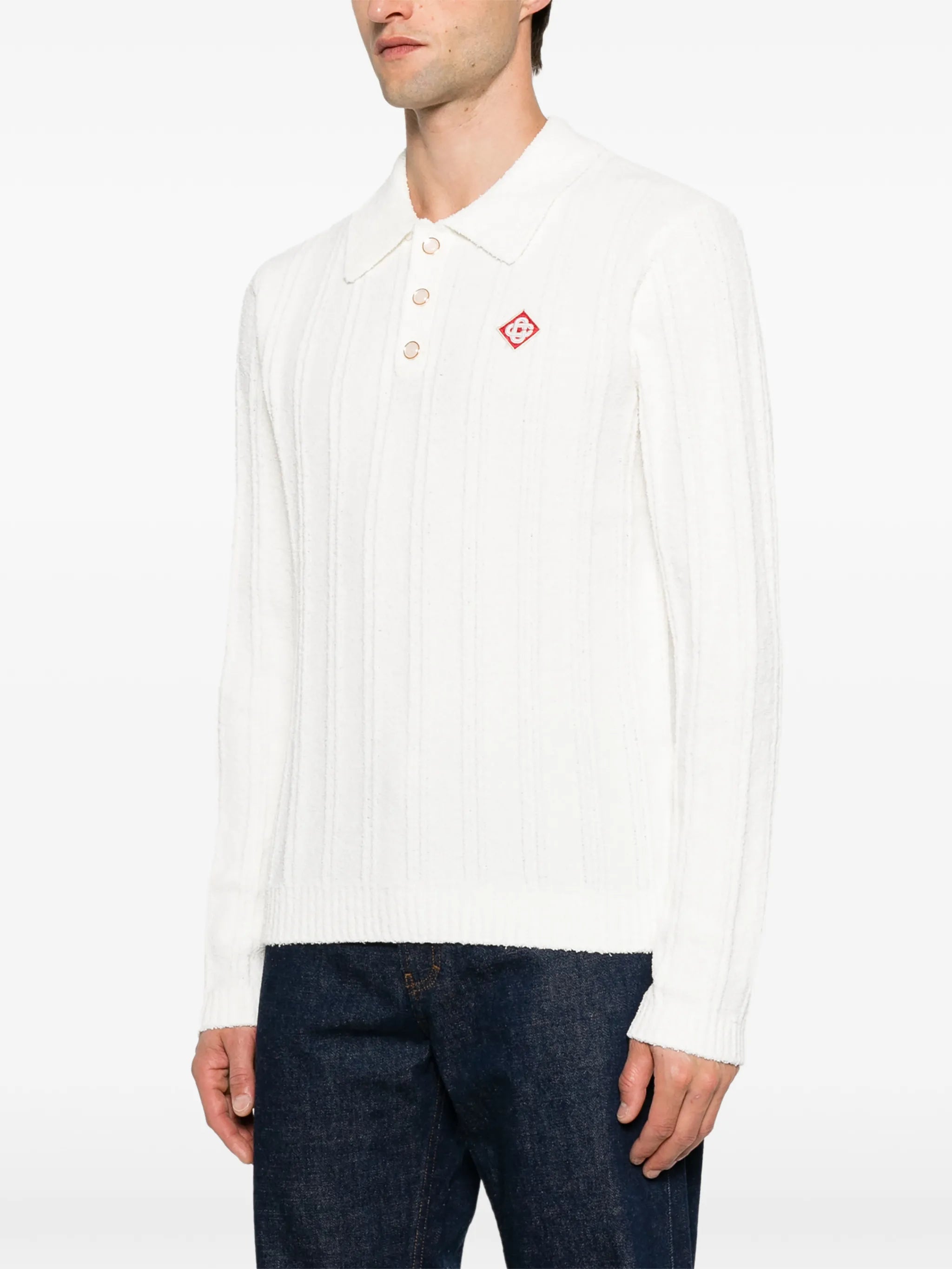 white boucle long sleeve polo shirt