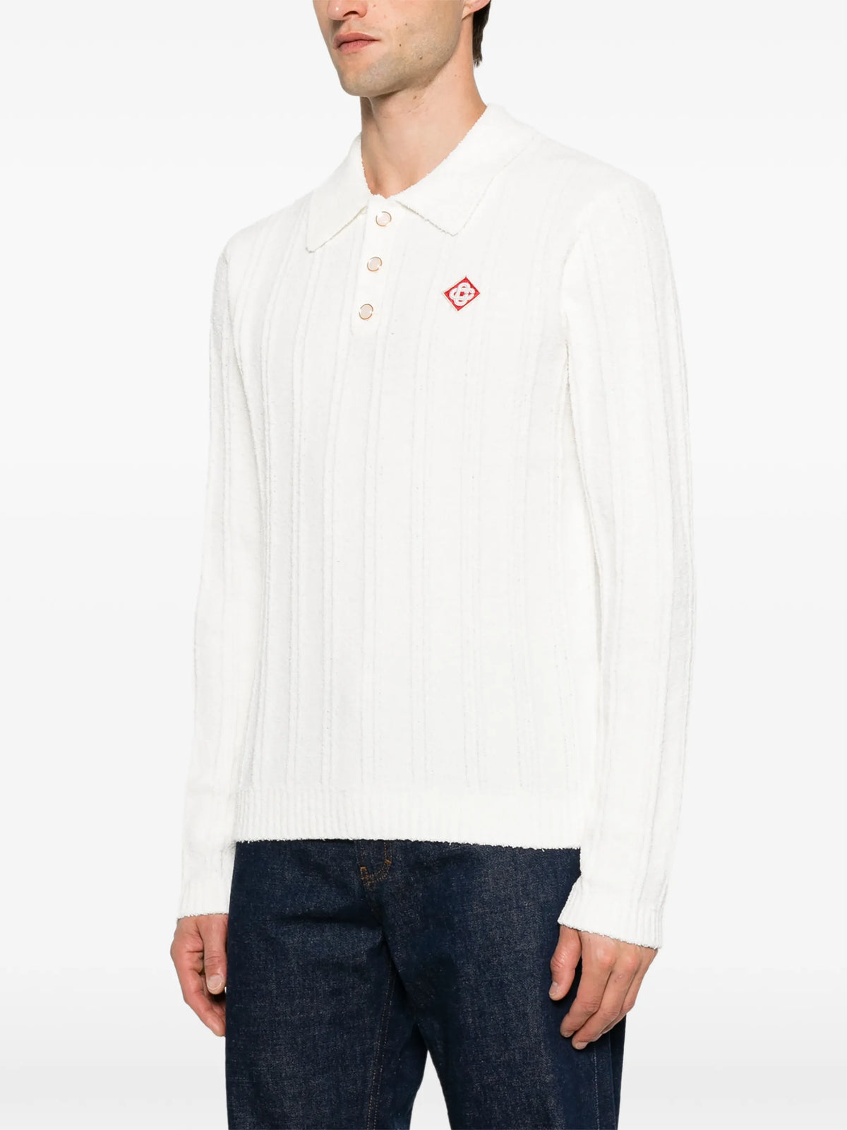 white boucle long sleeve polo shirt