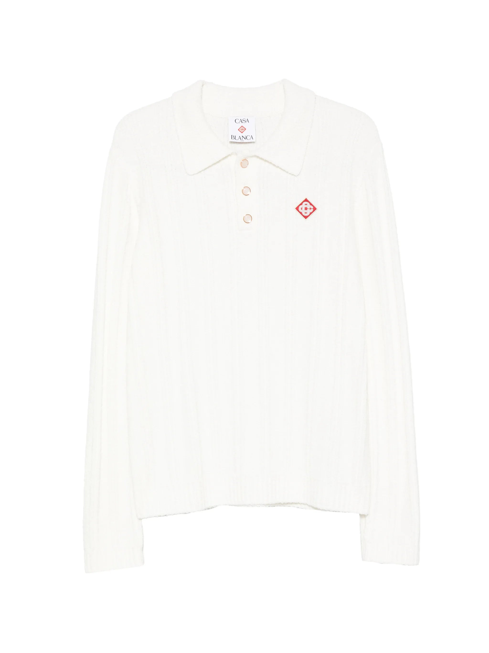 white boucle long sleeve polo shirt