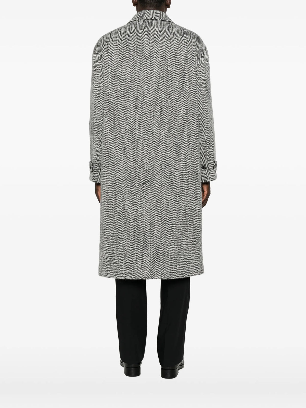 herringbone-weave single-breasted overcoat