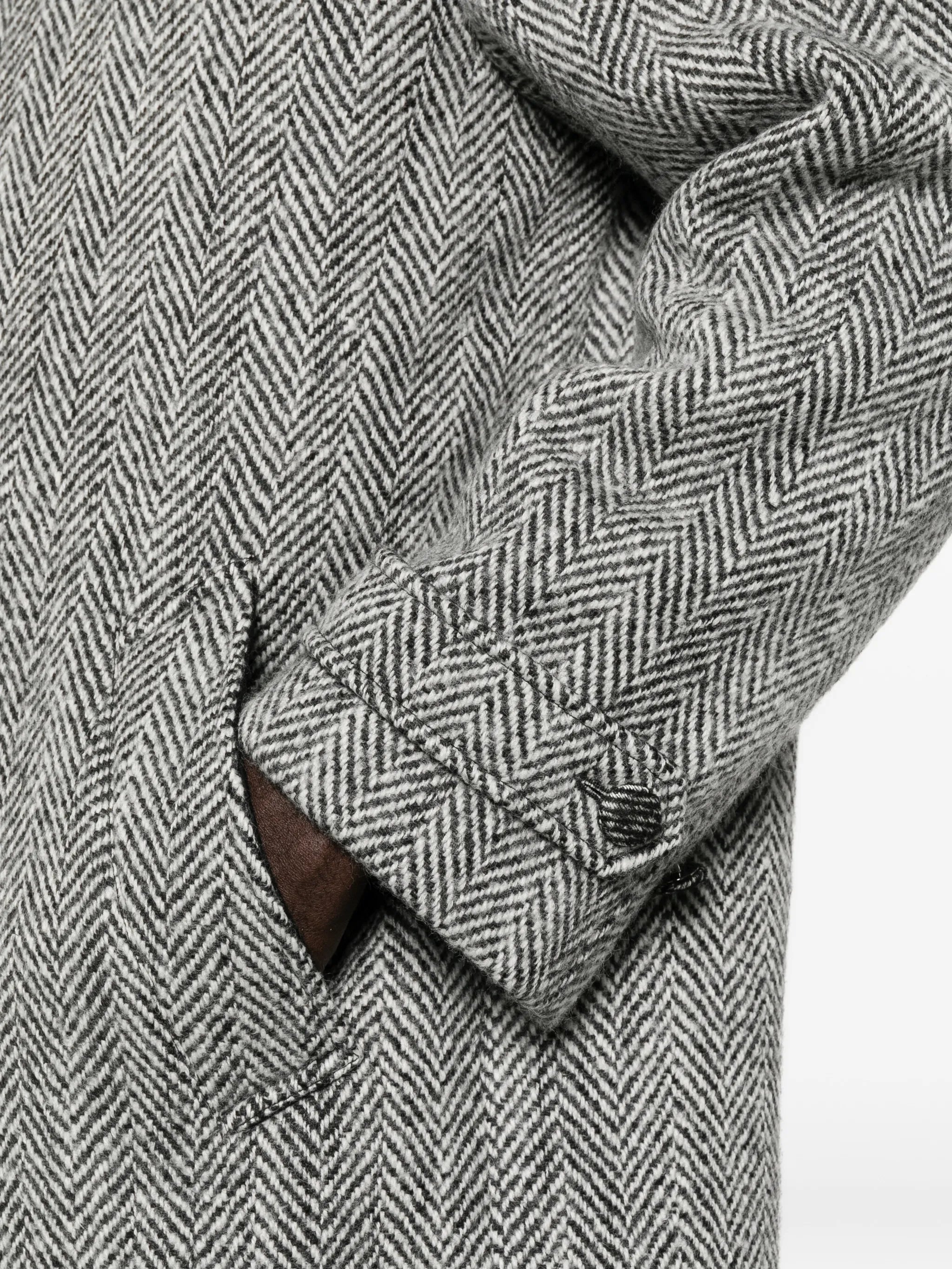 herringbone-weave single-breasted overcoat