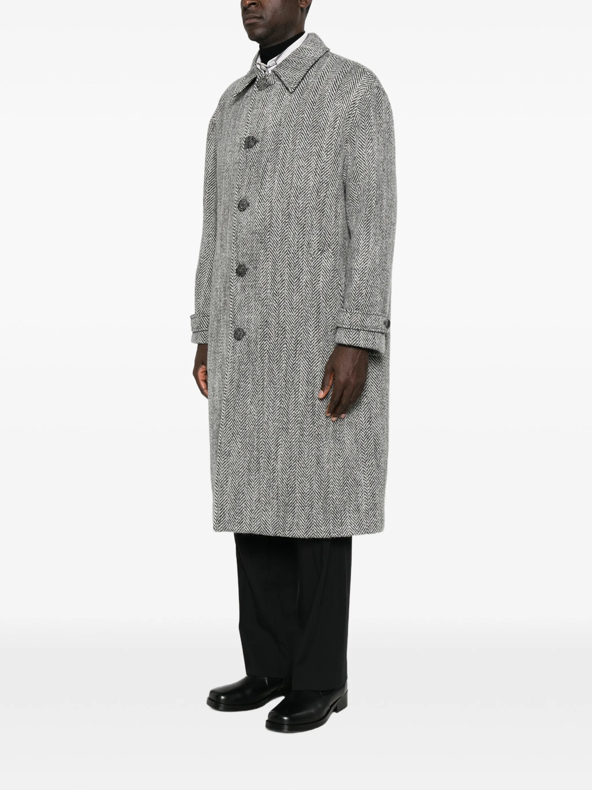 herringbone-weave single-breasted overcoat