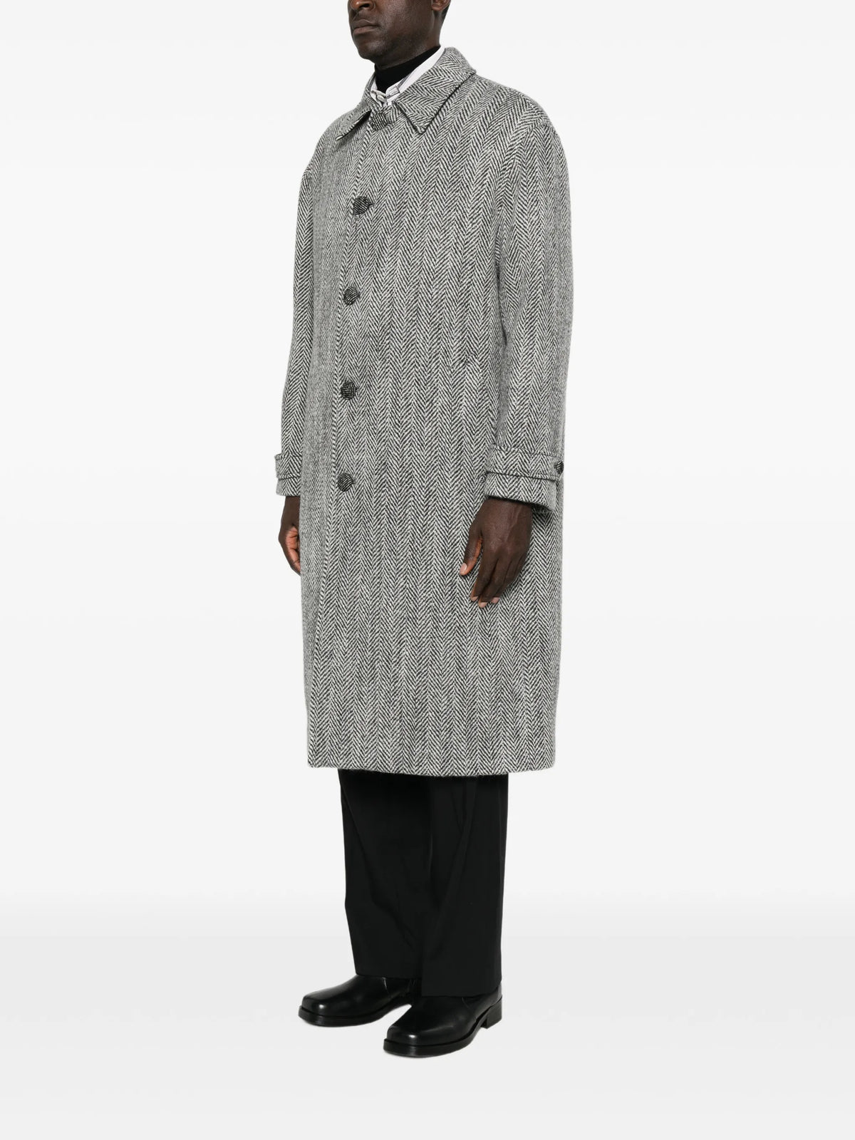 herringbone-weave single-breasted overcoat