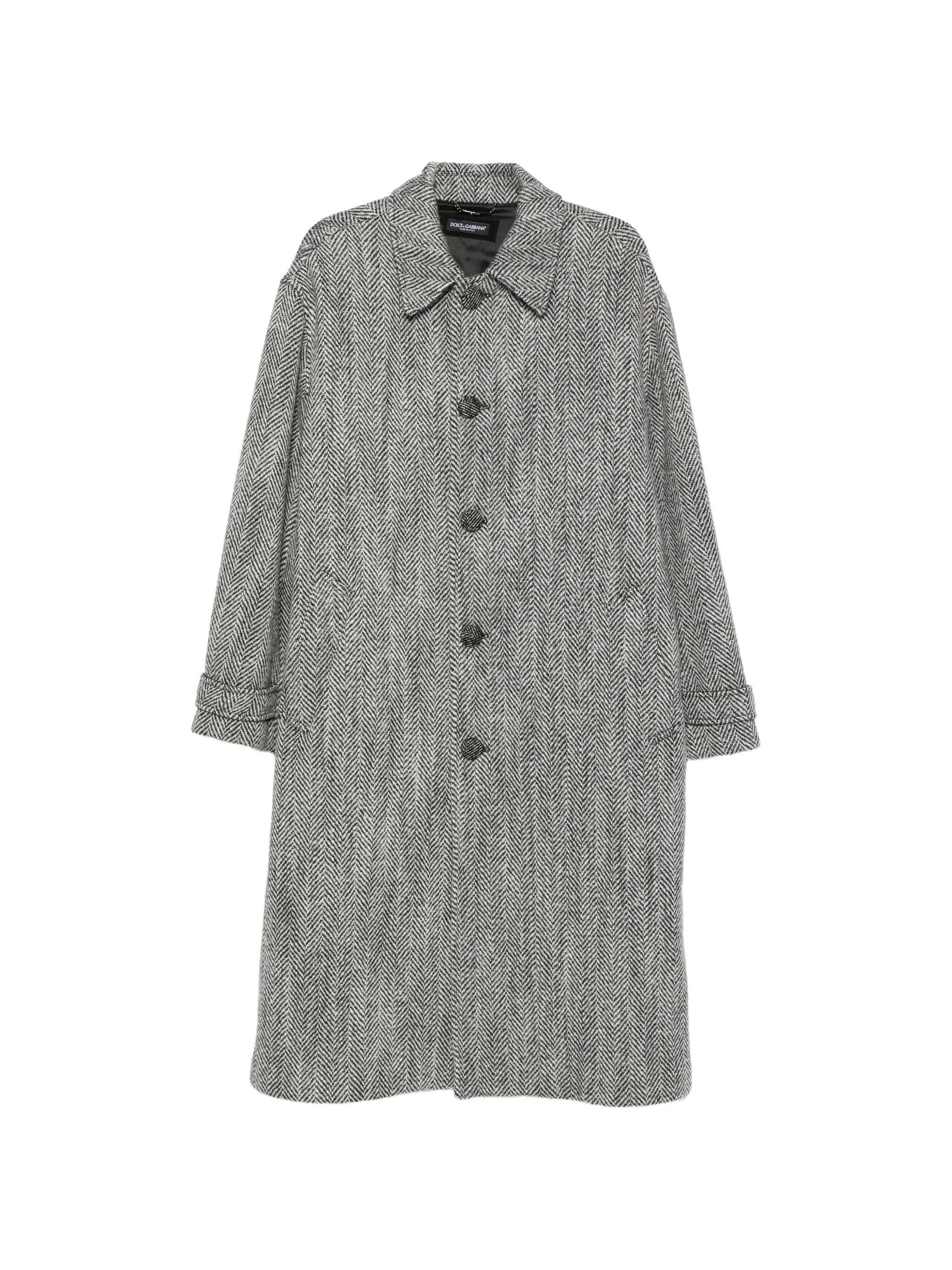herringbone-weave single-breasted overcoat