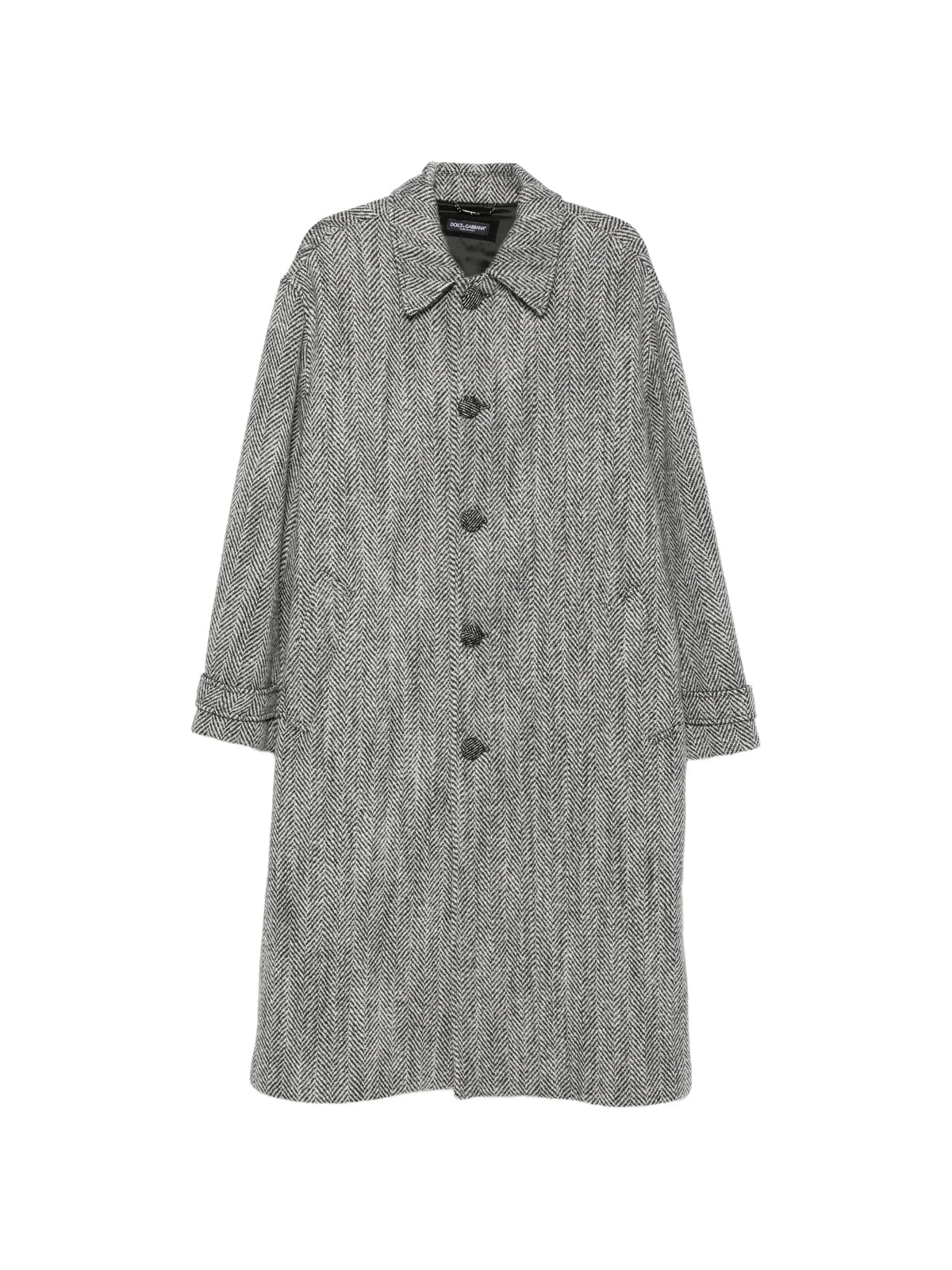 herringbone-weave single-breasted overcoat