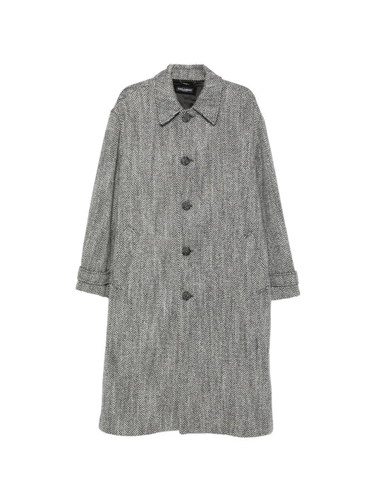 herringbone-weave single-breasted overcoat