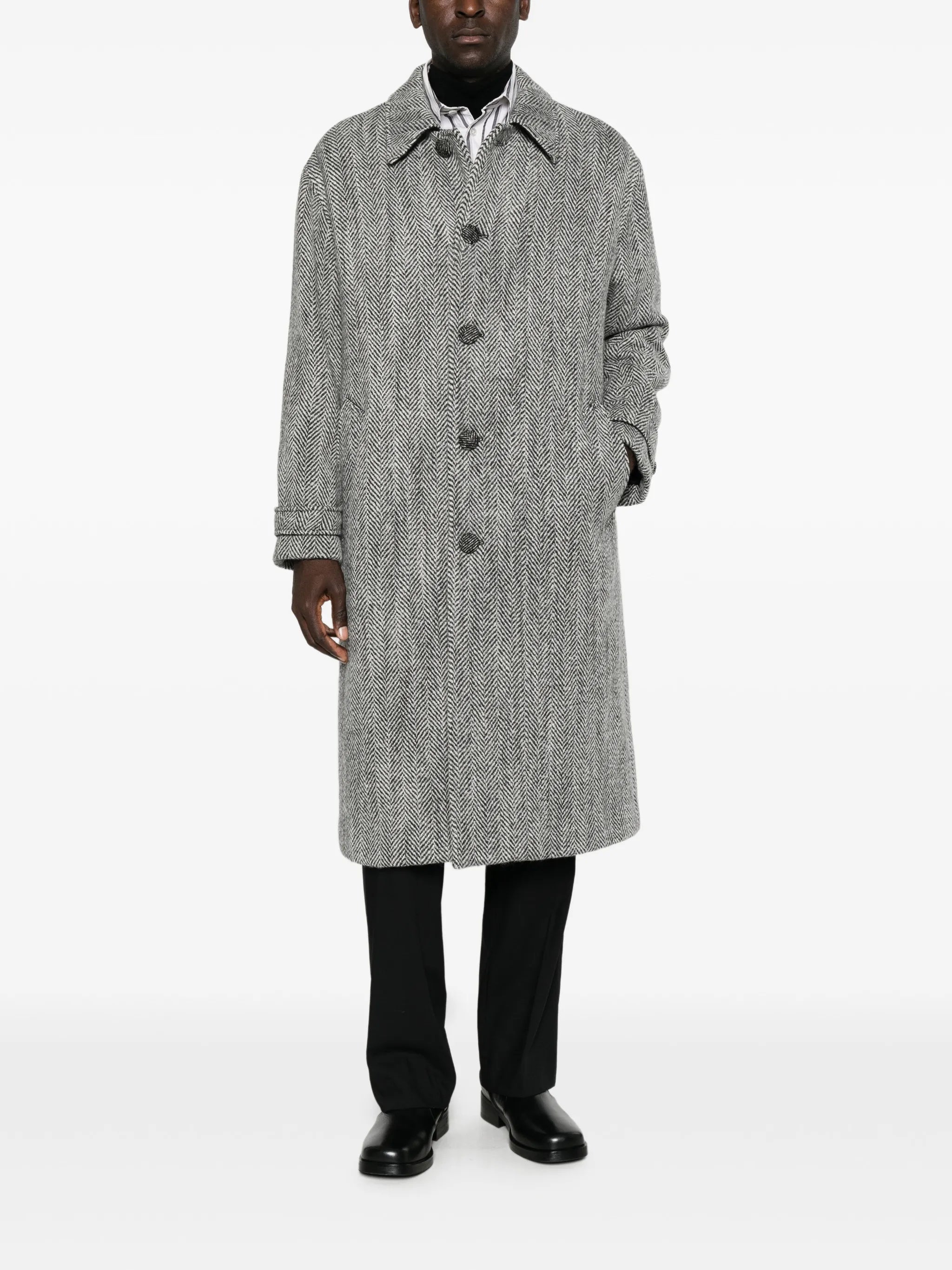 herringbone-weave single-breasted overcoat