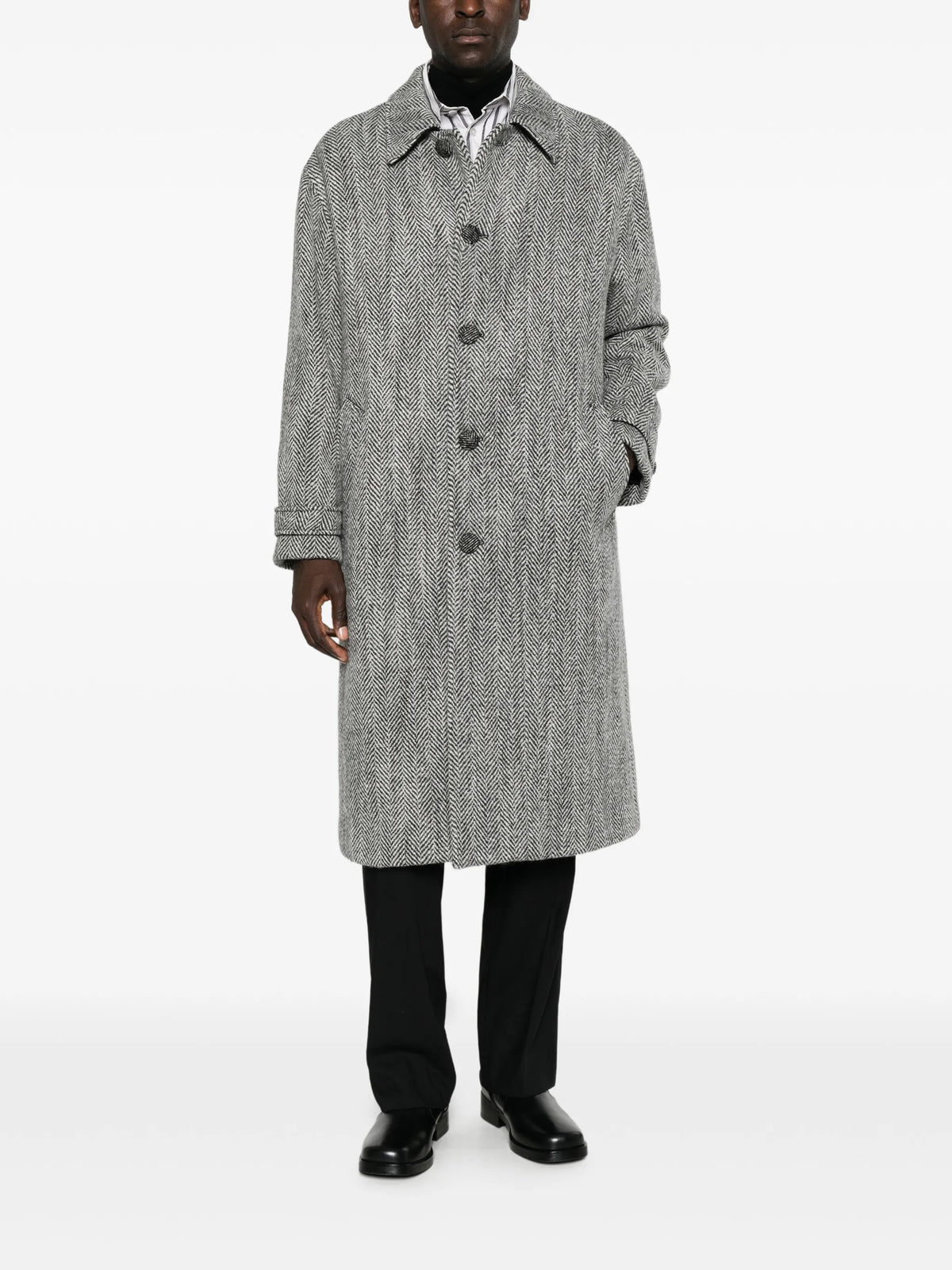 herringbone-weave single-breasted overcoat