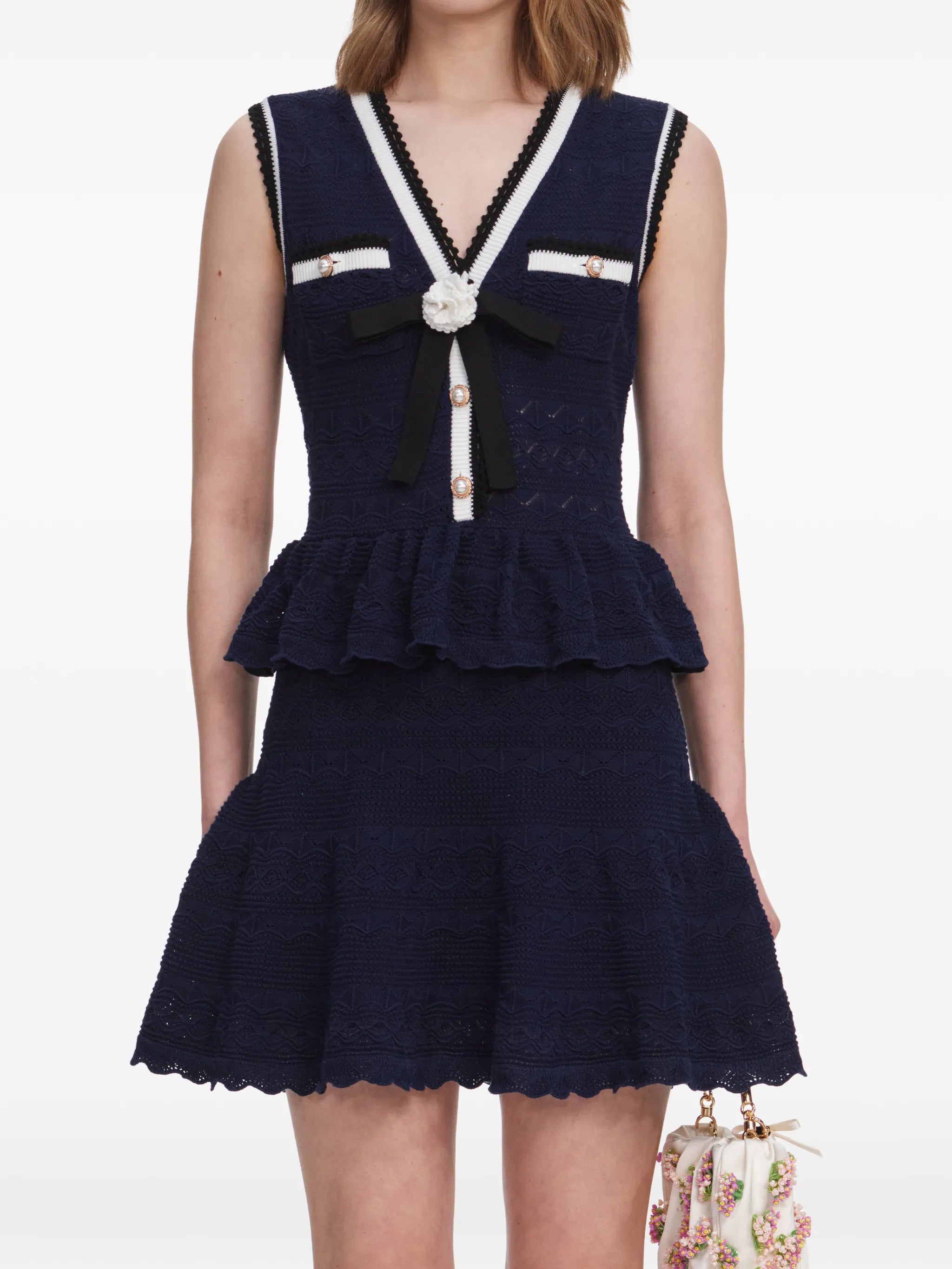 navy peplum pointelle-knit mini dress