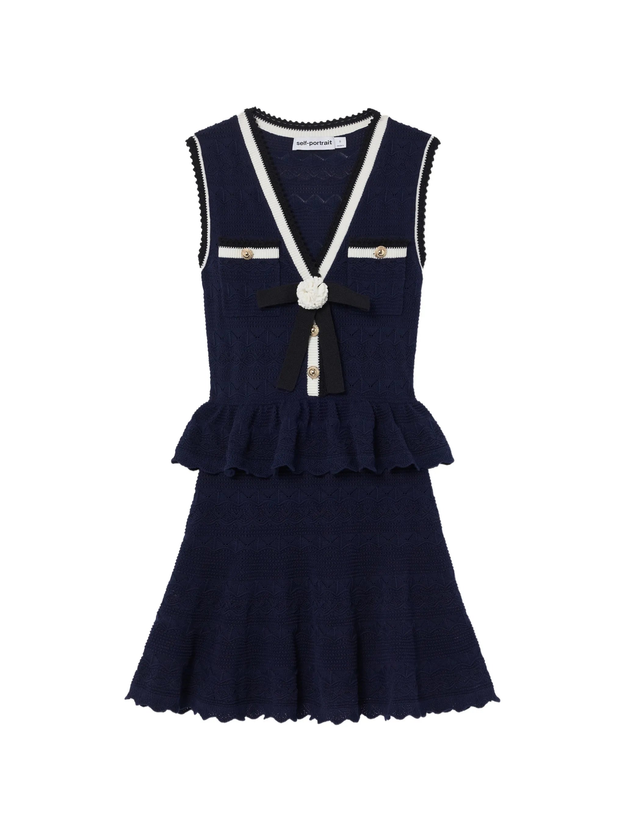 navy peplum pointelle-knit mini dress