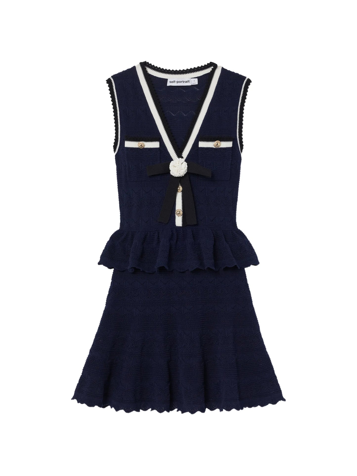 navy peplum pointelle-knit mini dress